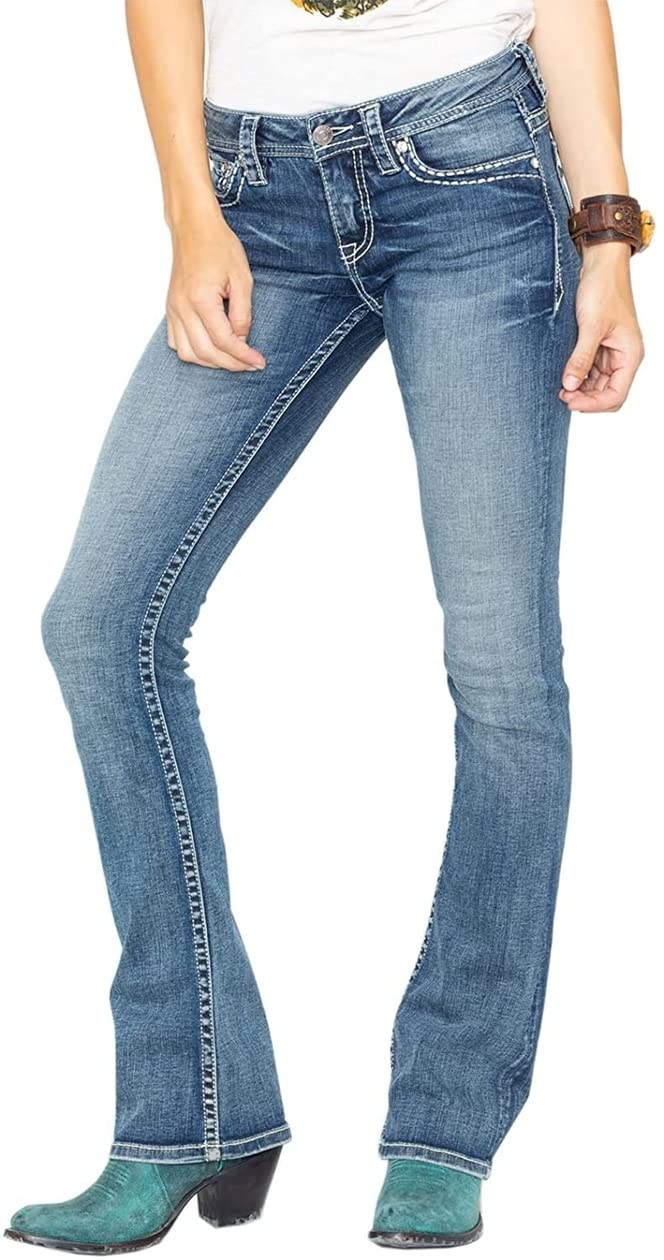 Vintage Washed Mid-Rise Slim Stretch Bootcut Jeans for Women - Curvy Fit with Embroidery Denim - Perfect for Casual Wear, Date Nights & Boho Style Outfits