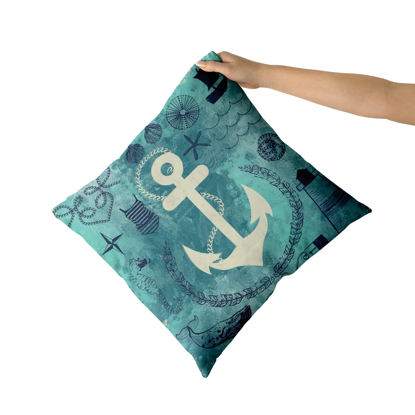 2PCS White Anchor Pillow Cases 18x18 Inch - Nautical Blue Throw Pillow Covers for Couch, Sofa, Bed - Boat Theme Decorative Cushion Covers for Bedroom, Living Room & Outdoor Use - Set of 2 Home Decor Accents