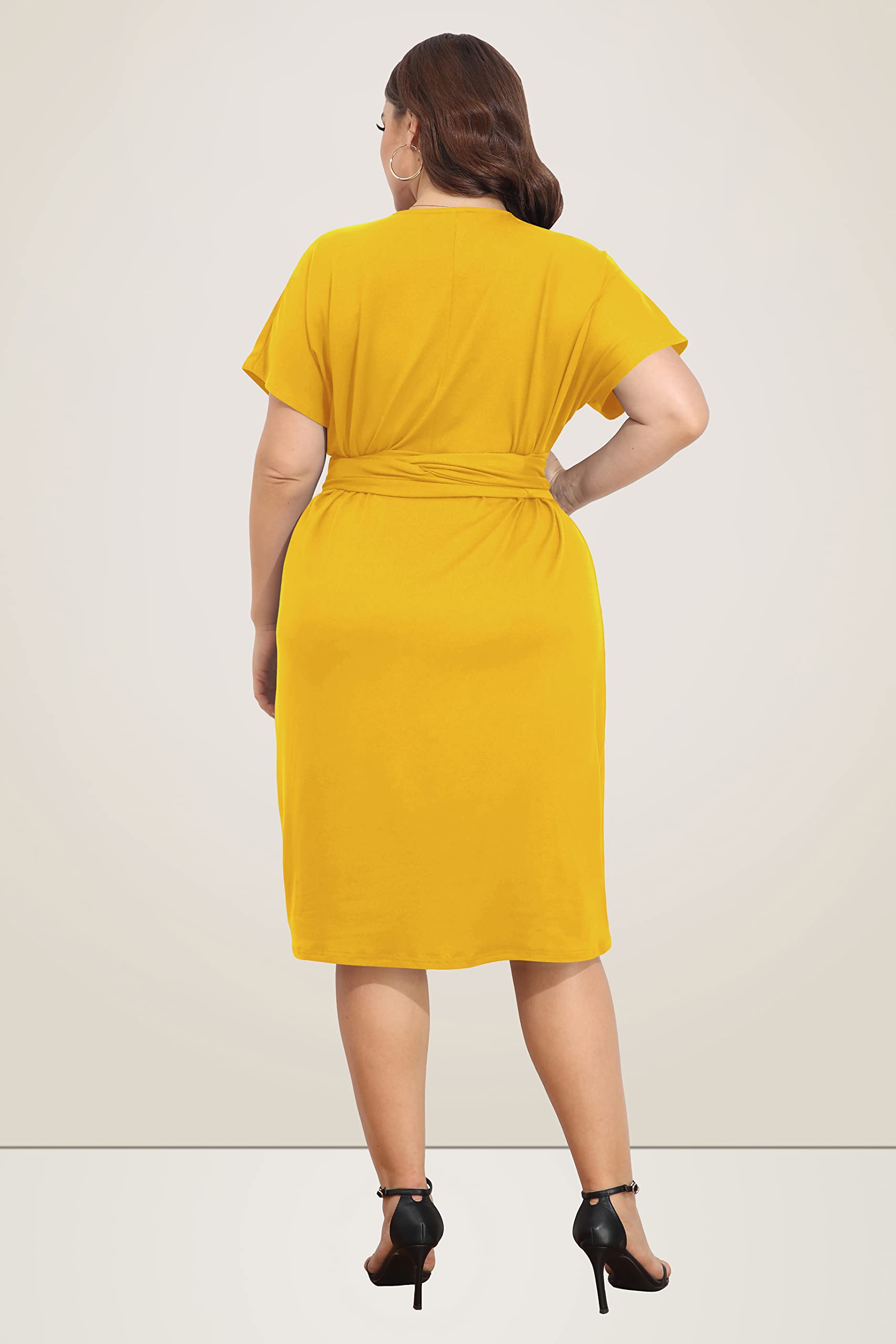 Mustard Yellow Plus Size Women's Dress - Elegant Church, Work, Business & Semi-Formal Attire | Wedding Guest & Cocktail Party Knee-Length Dress for Women