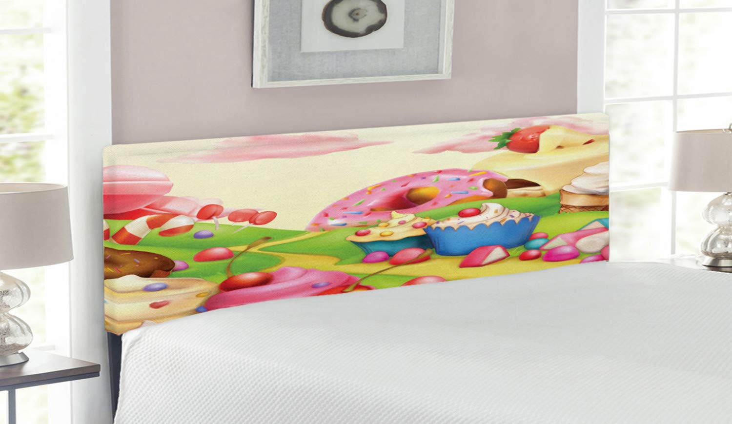 Ambesonne Modern Queen Size Headboard - Yummy Donuts, Cupcakes, Ice Cream & Cotton Candy Clouds Design - Upholstered Decorative Metal Bed Frame with Memory Foam - Multicolor - Perfect for Kids' Rooms, Teen Bedrooms & Sweet-Themed Decor