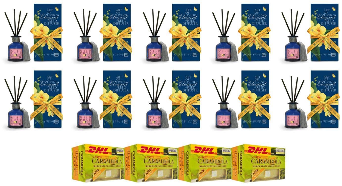 Organic Wild Rose Reed Diffuser Set - 100ml Spa Scented Aromatherapy Oil for Home, Office & Bathroom Relaxation - Set of 10 Pieces with Free Beauty Gifts - Fast DHL Shipping by Beautygoodshop