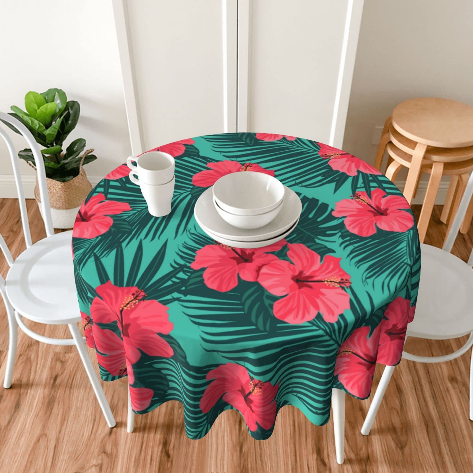 60 Inch Green Tropical Palm Floral Round Tablecloth - Waterproof Spill Proof Hawaiian Party Decor for Dinner, Picnic, Camping & Outdoor Events