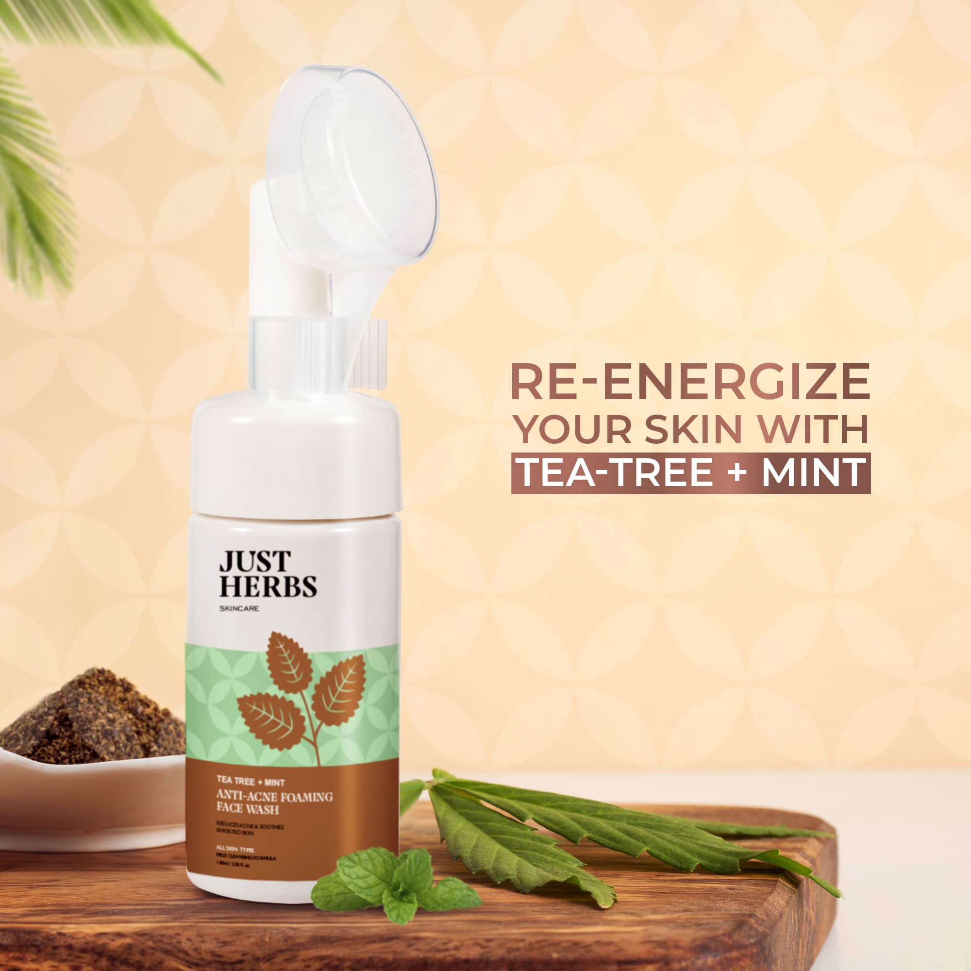 Just Herbs Anti Acne Foaming Face Wash for Men & Women - Tea Tree & Mint Oil Control, Glowing Skin Cleanser with Brush (100ml) - Perfect for Daily Skincare Routine & Acne-Prone Skin
