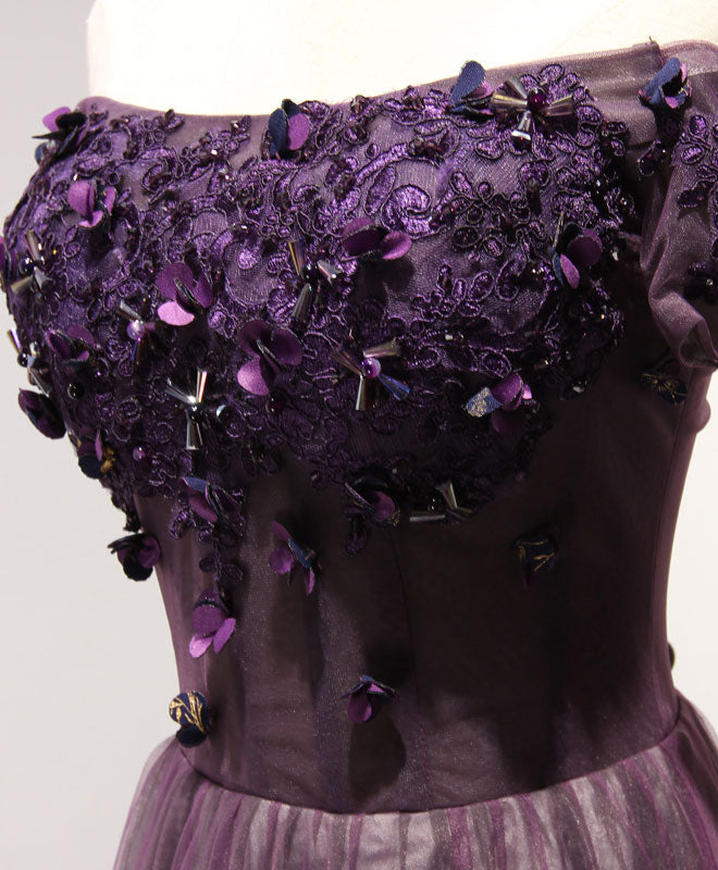 Elegant Purple Tulle Lace Off-Shoulder Long Prom Dress | Formal Evening Gown for Homecoming, Wedding, and Special Occasions