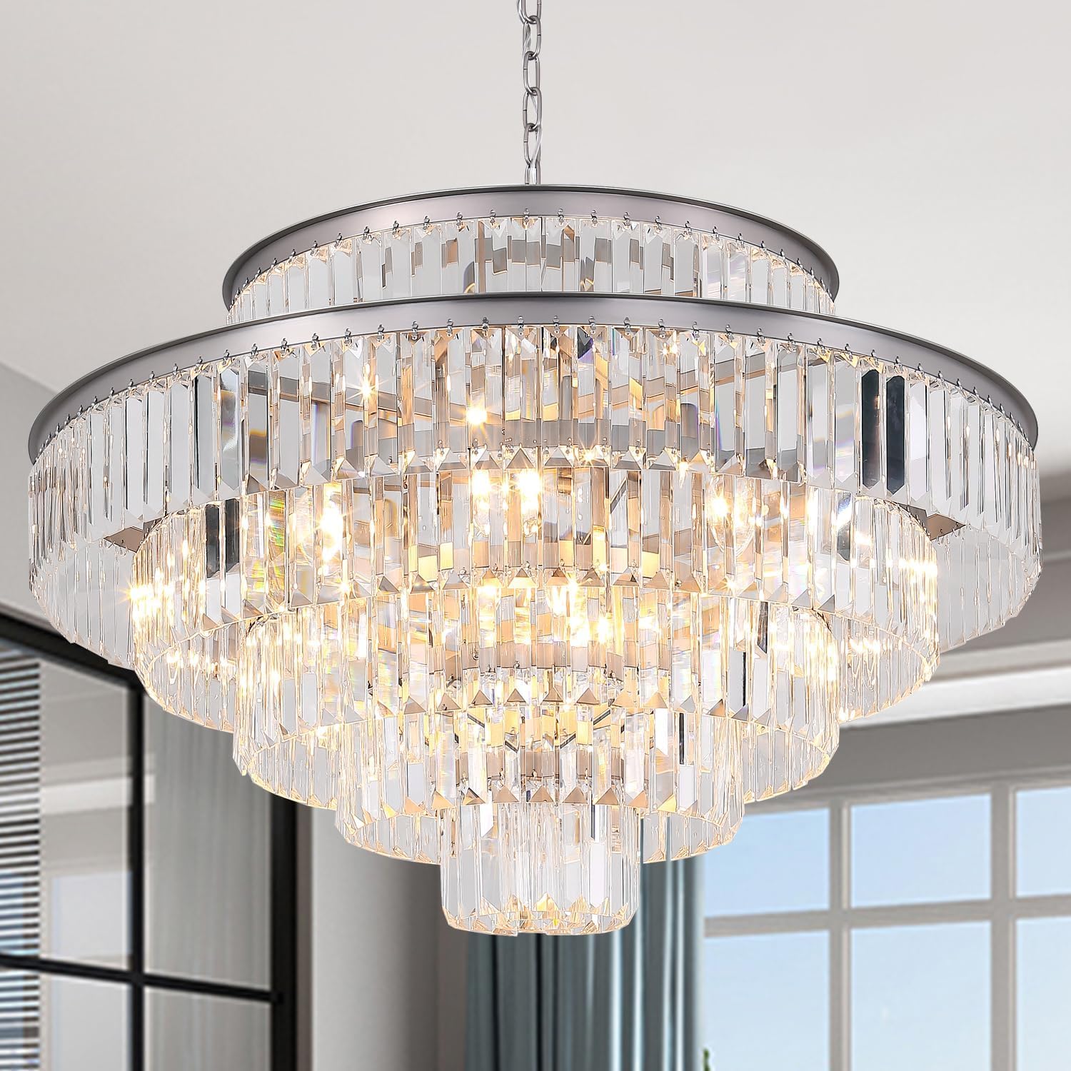 Modern Round Crystal Chandelier - 7-Tier 17-Lights Nickel Finish for Dining Room, Living Room, Bedroom & Entryway - Elegant Lighting Fixture for Home Decor & Wedding Venues