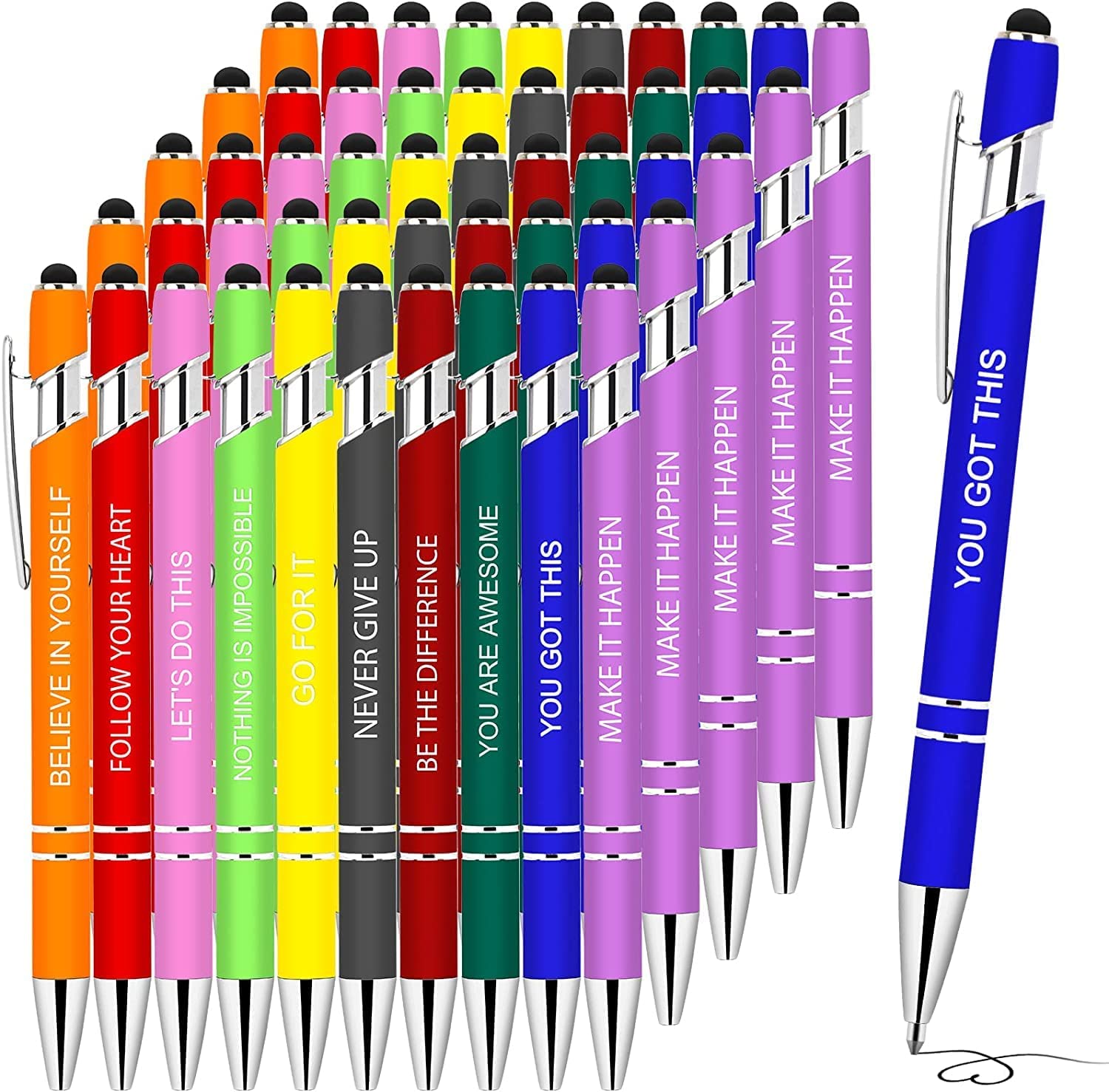50 Pack Inspirational Pens with Stylus Tip - Motivational Ballpoint Pens Bulk, Funny Office Supplies for Women & Coworkers - Black Ink - Perfect for Gifts, Meetings & Daily Motivation