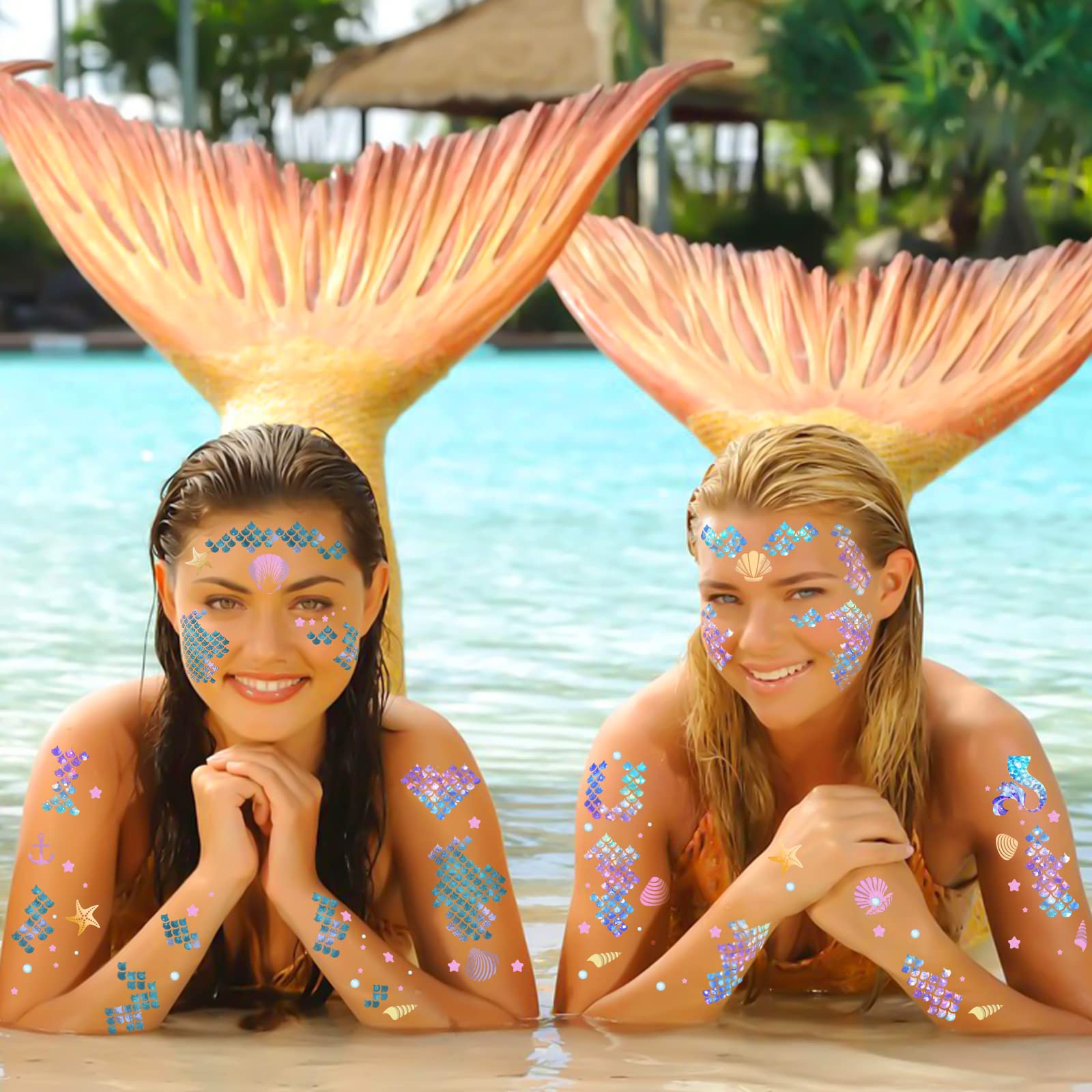 Mermaid Scale Temporary Tattoos - 12 Sheets Waterproof Fake Tattoo Stickers for Kids & Adults | Mermaid Party Decorations, Costume Accessories, Festival Body Art