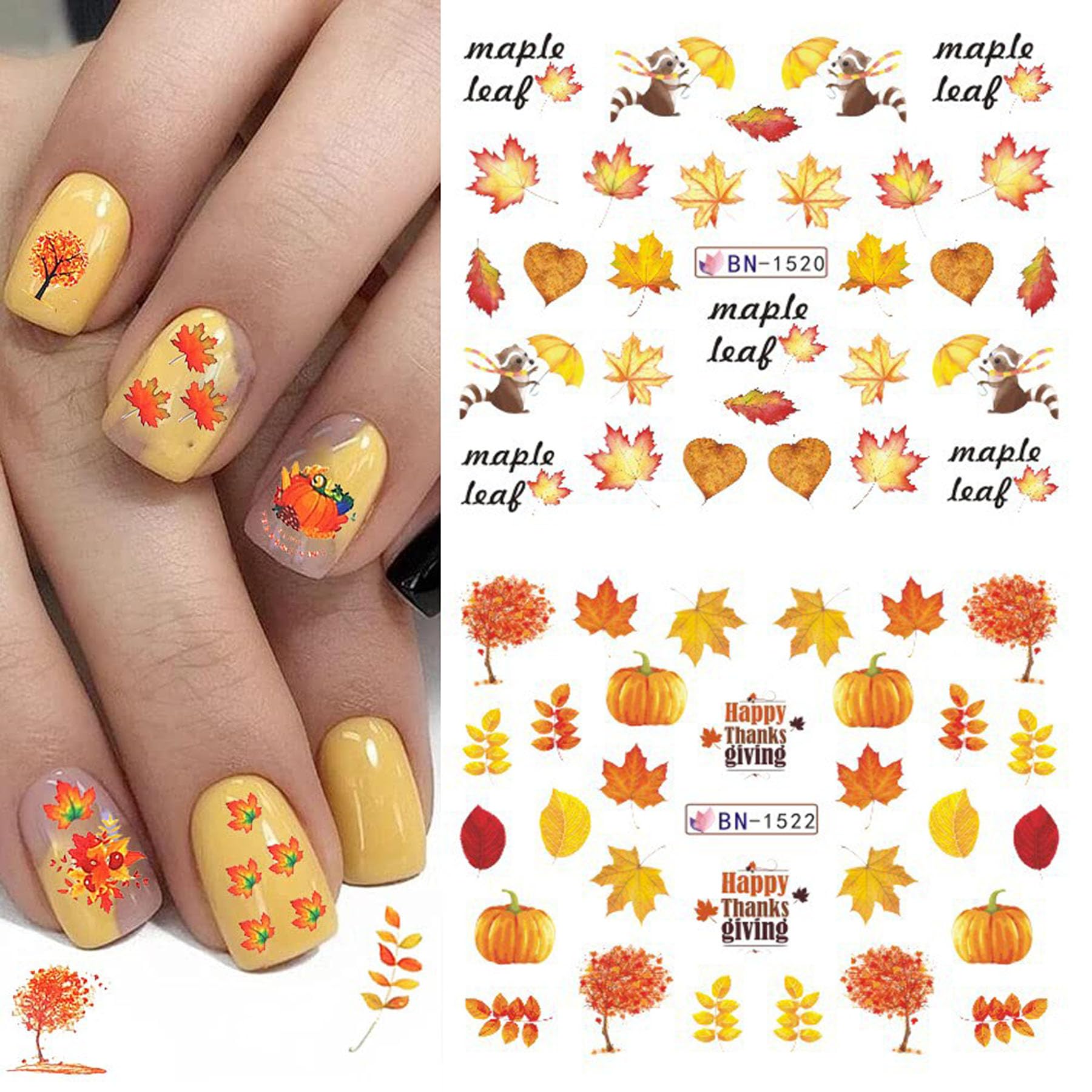 12PCS Fall Nail Art Stickers - 3D Autumn Leaves & Pumpkin Water Transfer Decals, Self-Adhesive Nail Art Supplies for Halloween, Thanksgiving, Seasonal Manicures & DIY Nail Designs