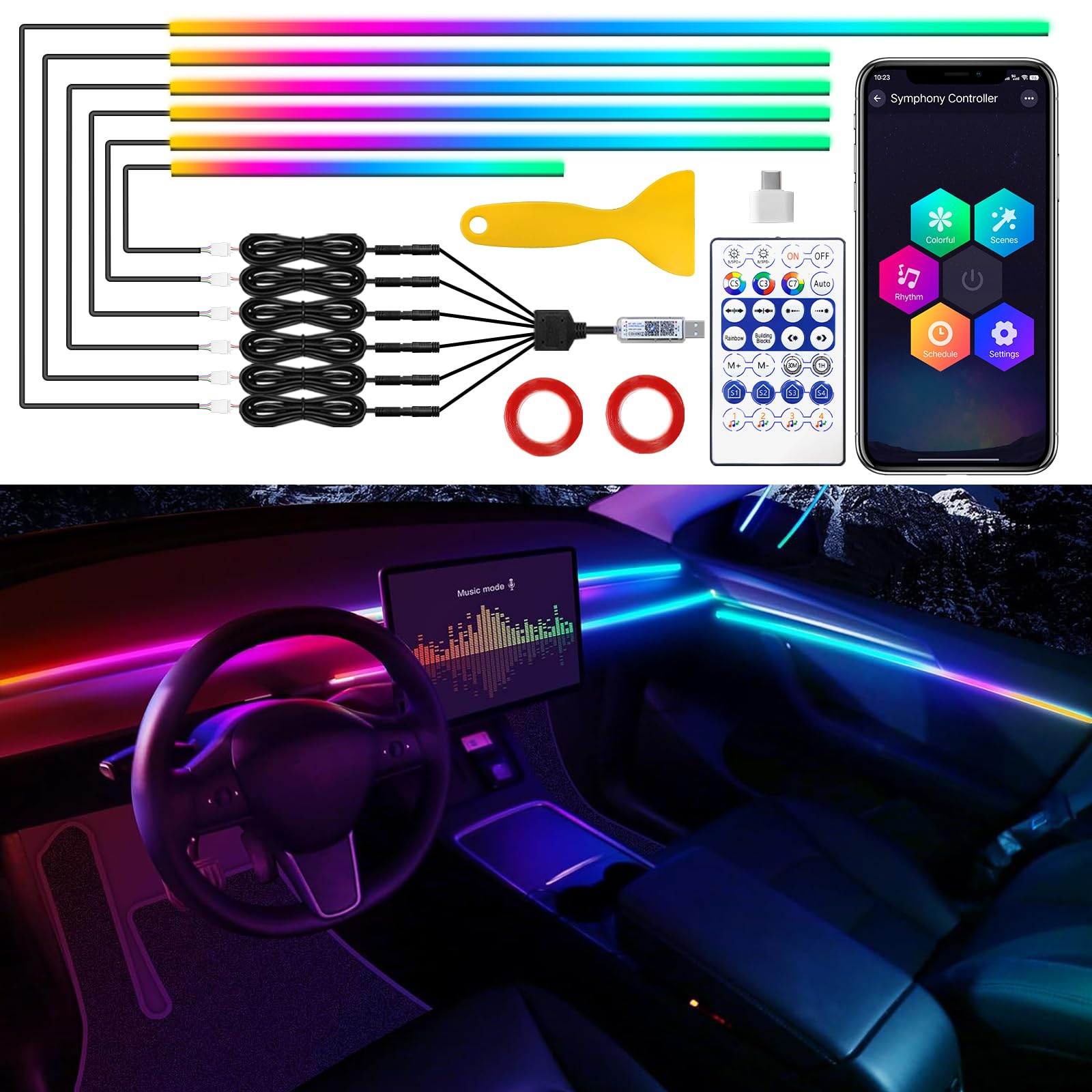 Tesla Model 3/Y/S/X Interior LED Strip Lights - RGB 6-in-1 Dreamcolor Acrylic Ambient Lighting Kit with 650 LEDs (187 inches), USB/Type C, Music Sync & Dynamic Effects - Perfect for Night Driving, Car Parties, and Custom Tesla Interior Decor
