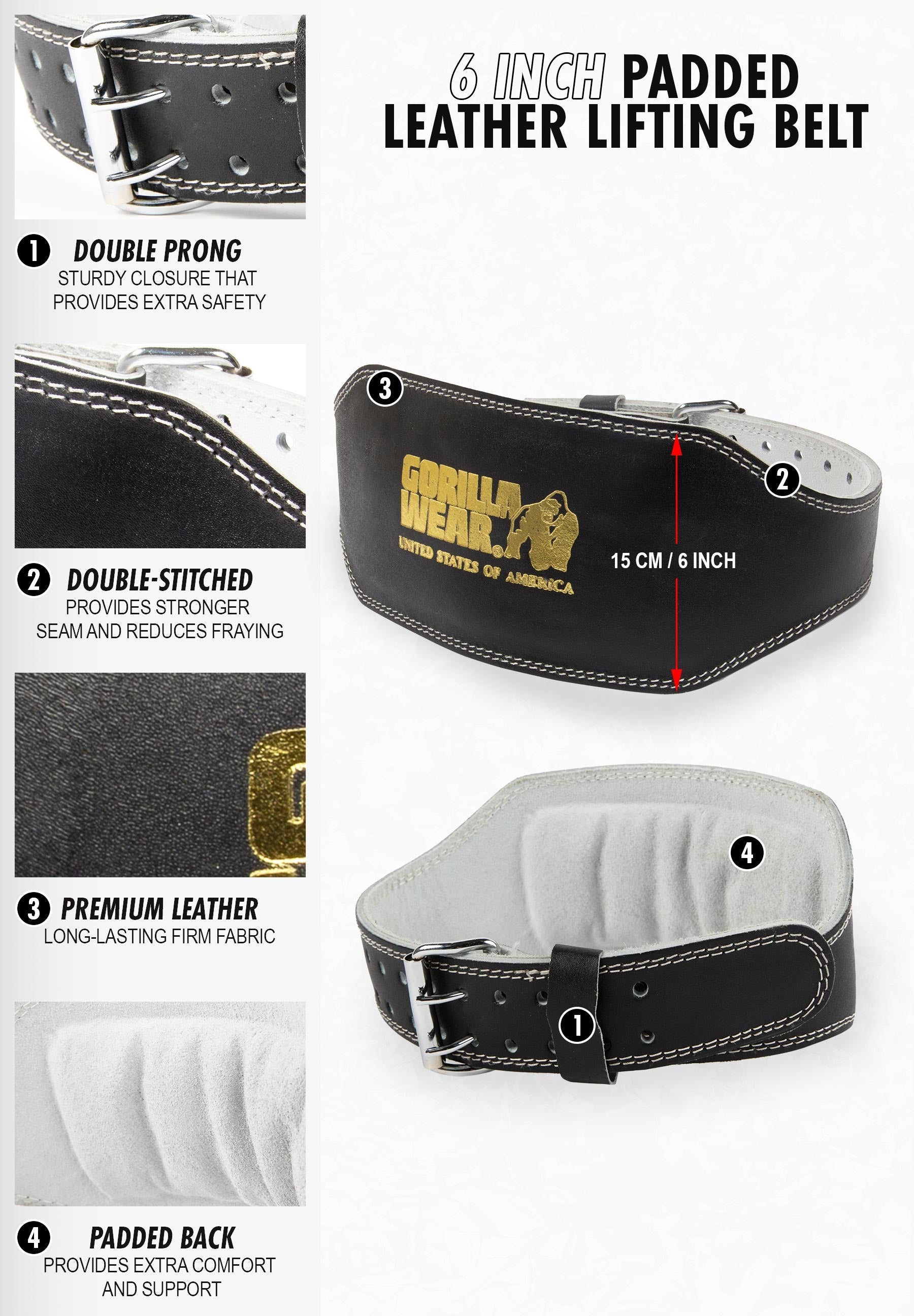 Gorilla Wear 6 Inch Padded Leather Weight Lifting Belt for Powerlifting & Bodybuilding - Black/Gold - Premium Support for Heavy Lifting & CrossFit Training