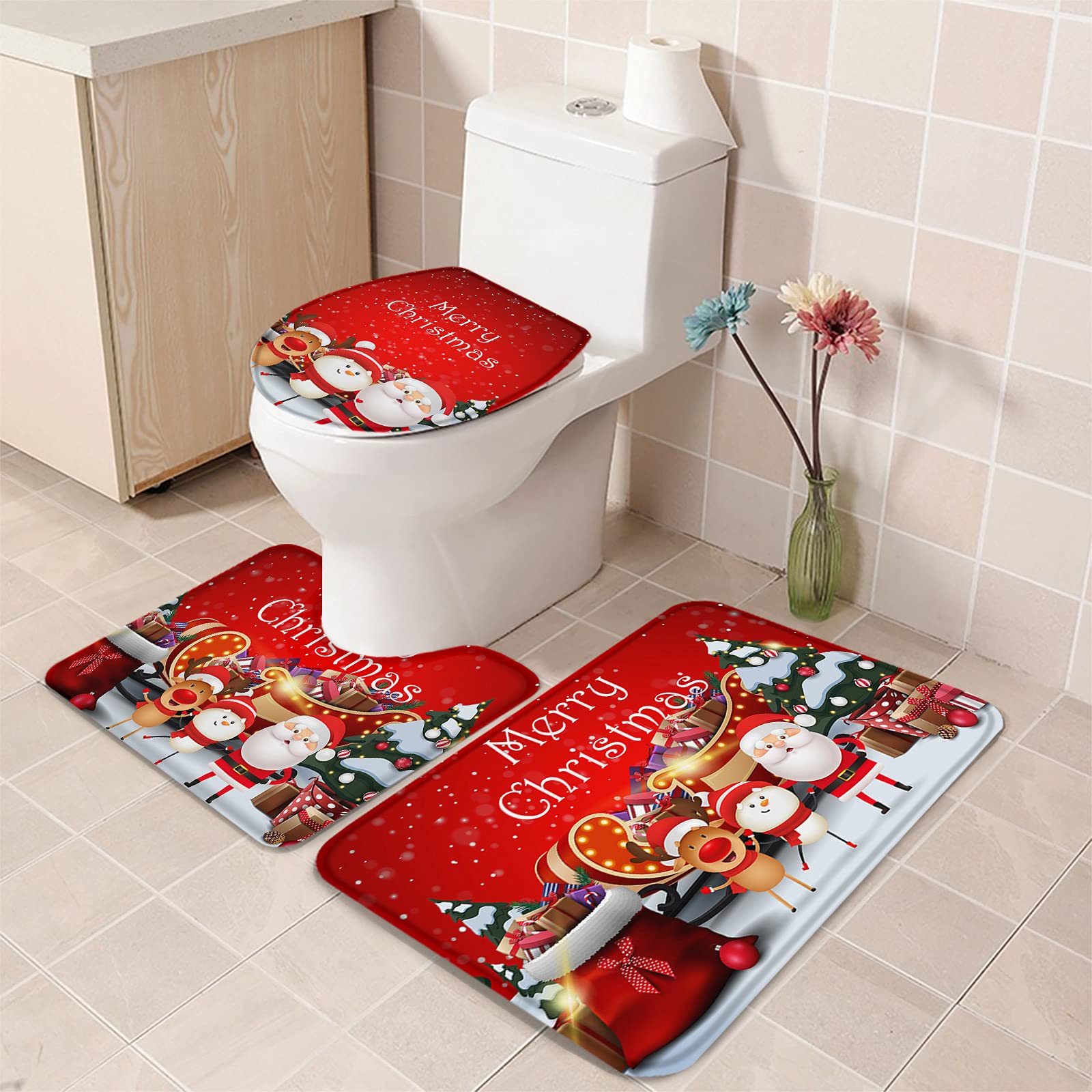 3-Piece Christmas Santa Claus Bathroom Rug Set - Non-Slip Bath Mat, Contour Mat & Toilet Lid Cover - Soft Absorbent Shower Mats for Holiday Decor (Elk Tree Red) - Perfect for Christmas Bathroom Decorations and Gift Giving