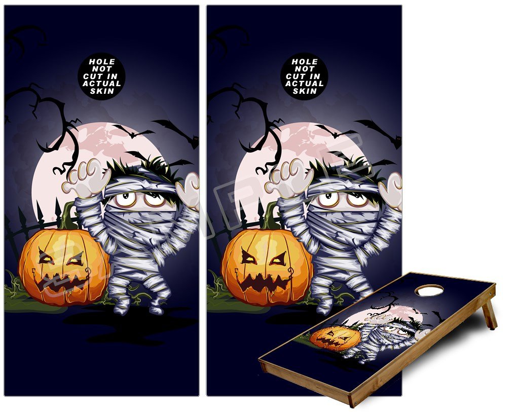 Halloween Cornhole Board Vinyl Wrap Kit - Jack O Lantern, Pumpkin, Bats & Zombie Mummy Design (Fits 24x48 Game Boards) for Outdoor Parties, Tailgating & Fall Decorations