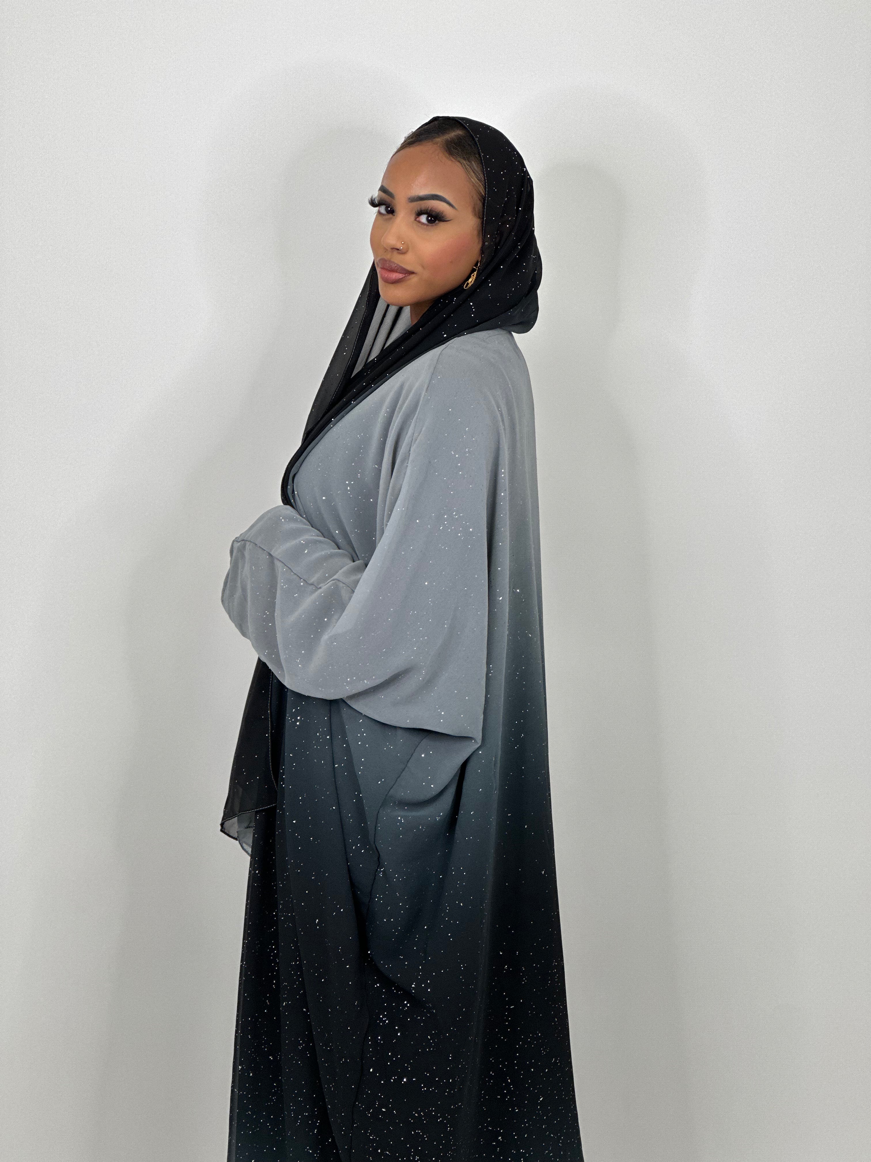 Elegant Grey Ombré Stars Abaya - Stylish Islamic Dress for Women - Perfect for Prayer, Eid, and Special Occasions