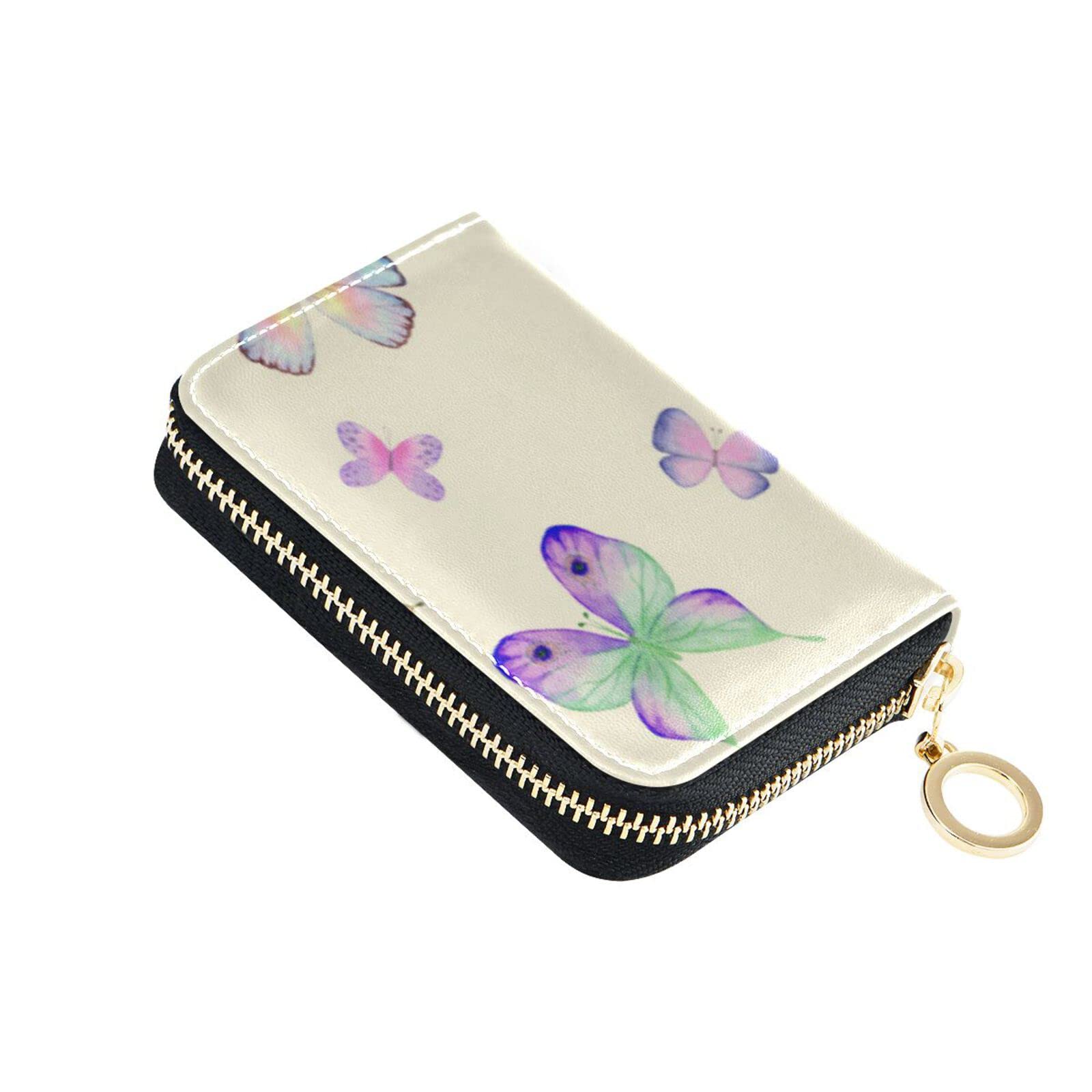 JUNZAN RFID Blocking Watercolor Butterfly Zipper Credit Card Holder - Slim ID Card Wallet for Men & Women - Perfect for Travel, Work, and Everyday Use