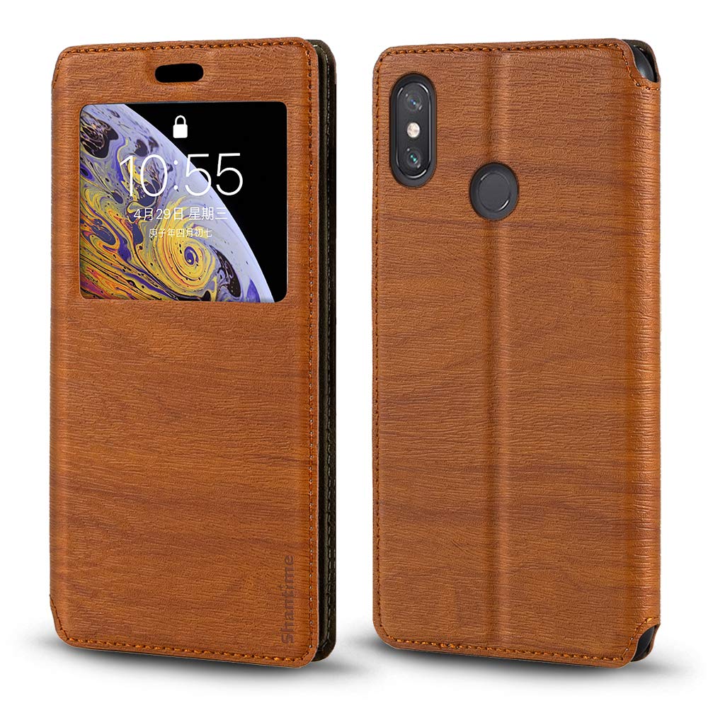 Premium Wood Grain Leather Magnetic Flip Cover with Card Holder & Window for Xiaomi Mi Max 3 Pro - Slim Protective Case for Business & Travel (Brown)
