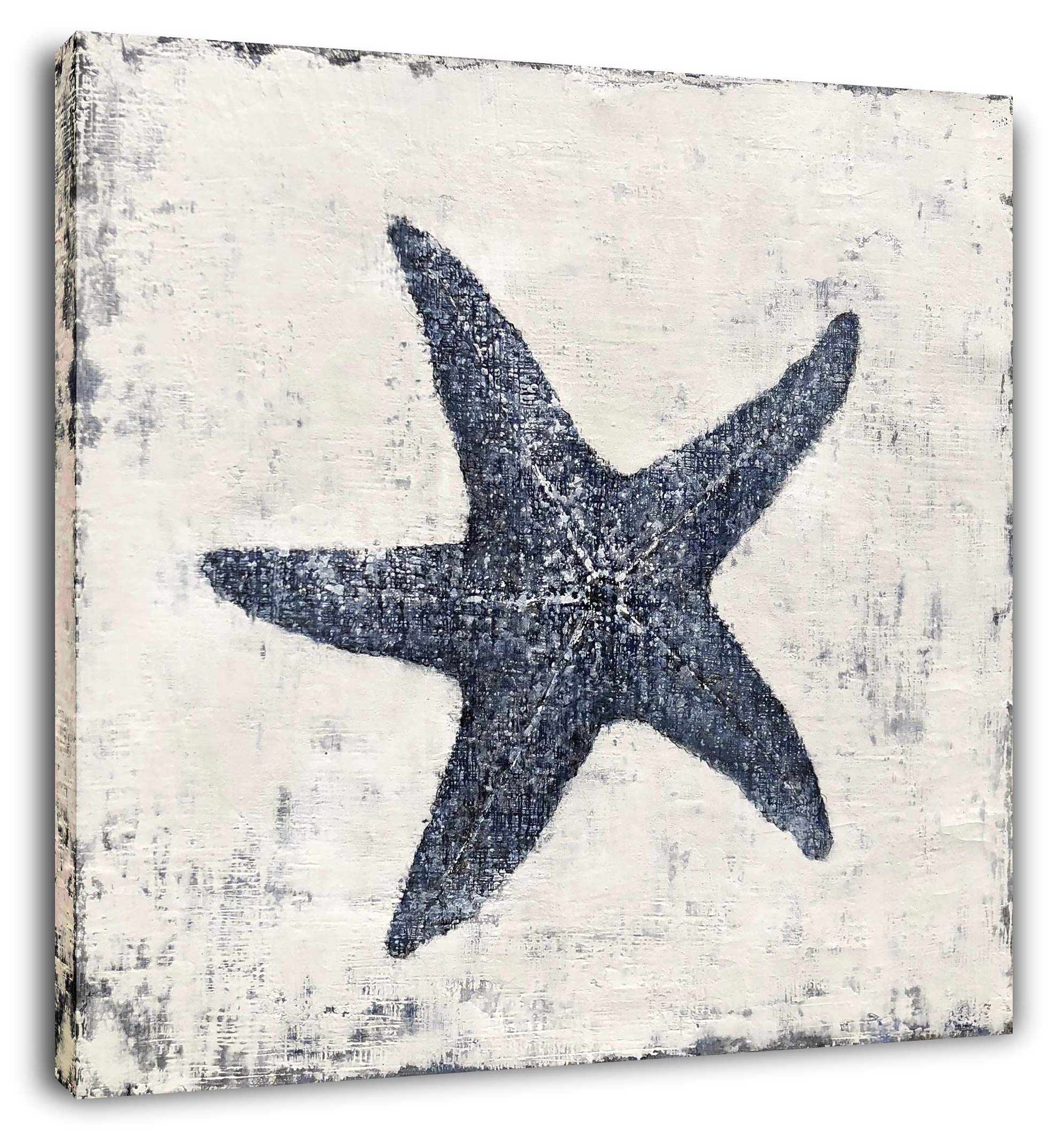 Hand-Painted Blue and White Starfish Canvas Wall Art - Coastal Decor for Living Room, Bathroom, Bedroom | Perfect for Beach House, Seaside Themed Spaces & Home Office