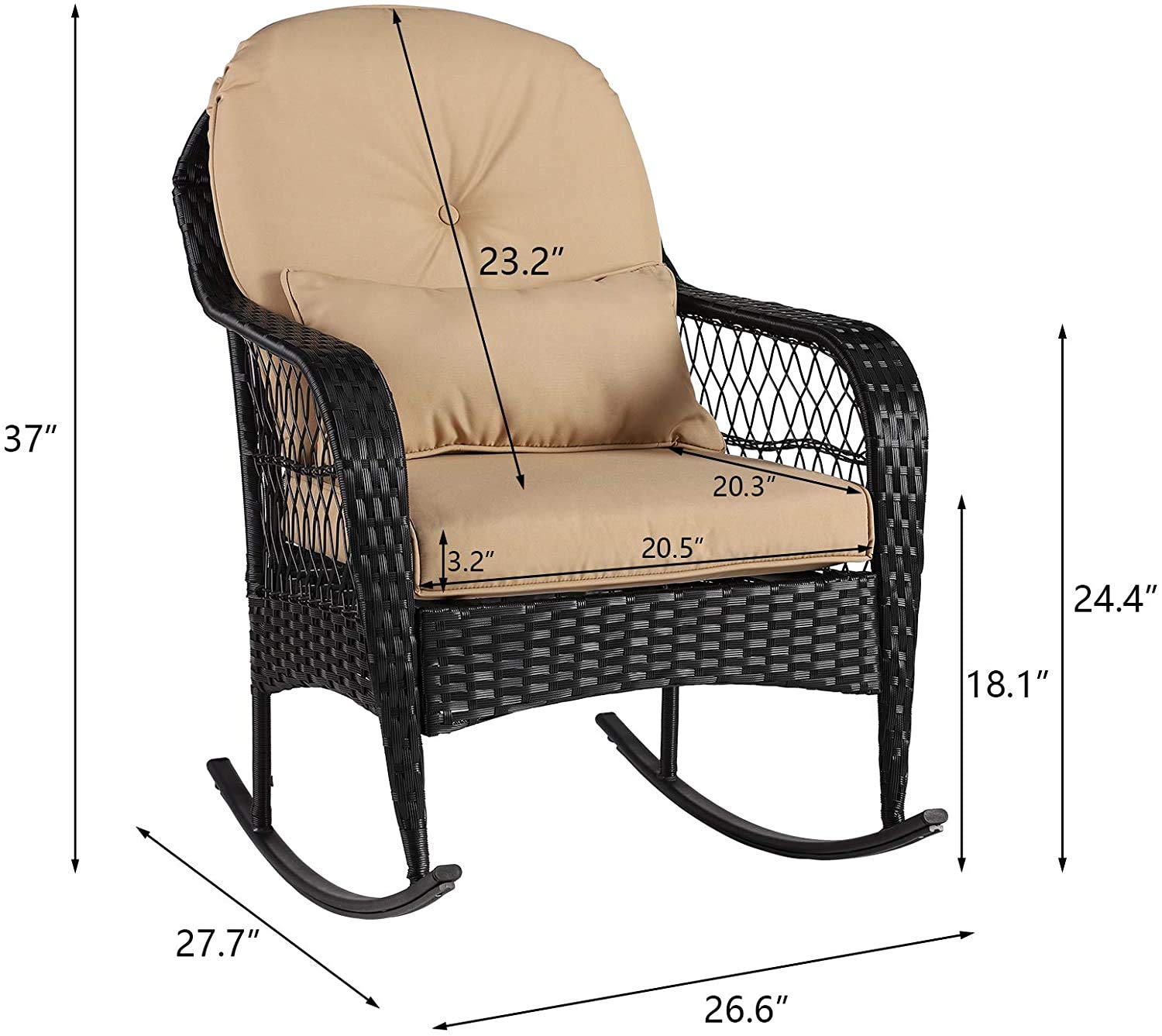 All-Weather Wicker Rocking Chair for Outdoor Use - Patio, Garden, Porch, Balcony & Backyard Furniture with Comfortable Cushions (1PC, Khaki) - Perfect for Relaxing, Sunbathing & Reading in Your Outdoor Space