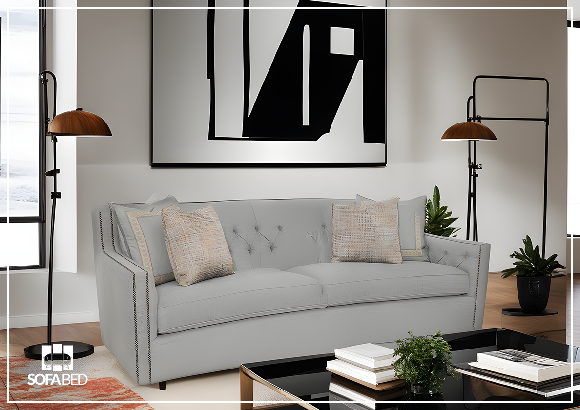 Bernhardt Candace Tufted Back Gray 2-Seater Fabric Sofa with Nailhead Trim - Modern Living Room Furniture for Small Spaces & Apartments