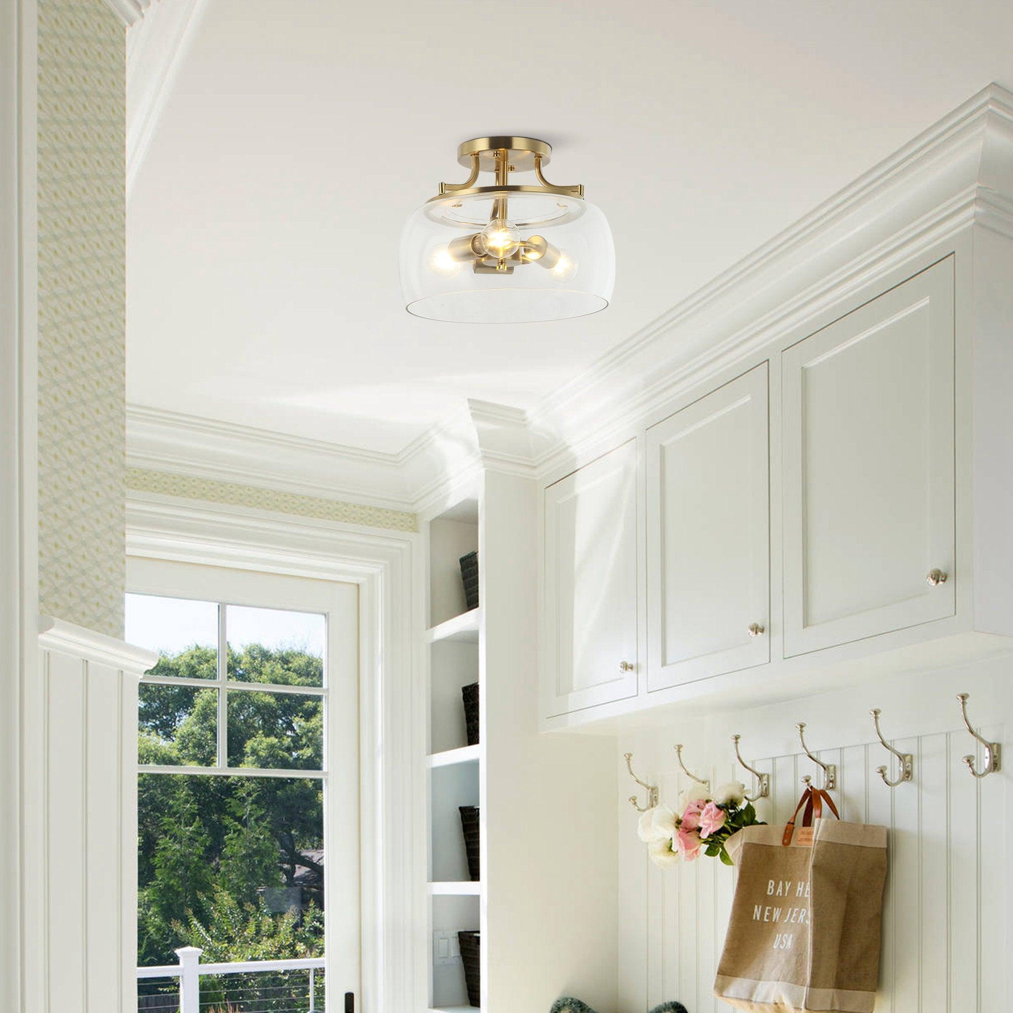 13 Inch 3 Light Brass Gold Semi Flush Mount Ceiling Light Fixture with Clear Glass Shade - Elegant Lighting for Dining Room, Bedroom, or Entryway