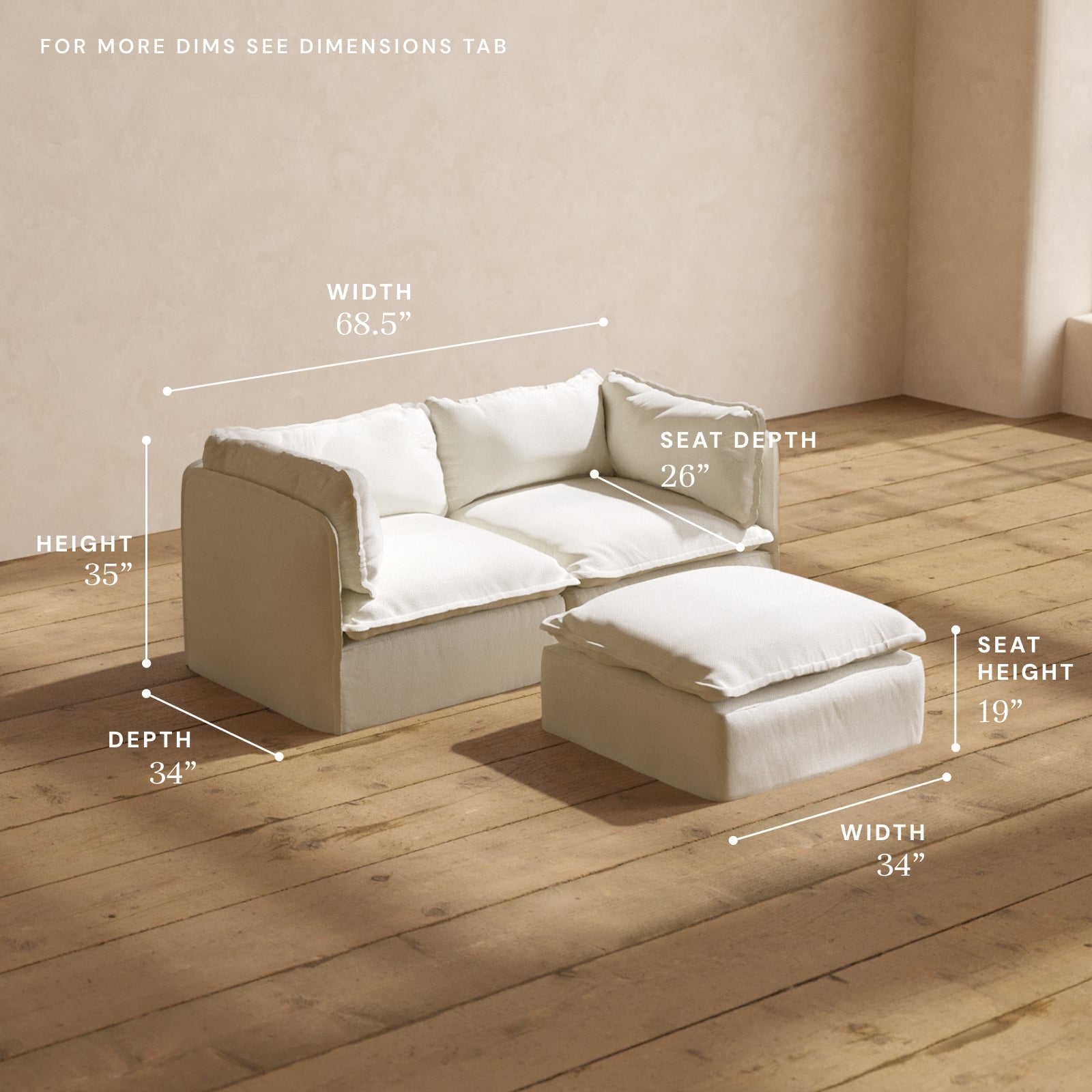 Premium Modular Performance 2-Seater Sofa with Ottoman in Eggshell White | Luxury Blend Fabric | Perfect for Living Room, Lounge & Home Theater Seating