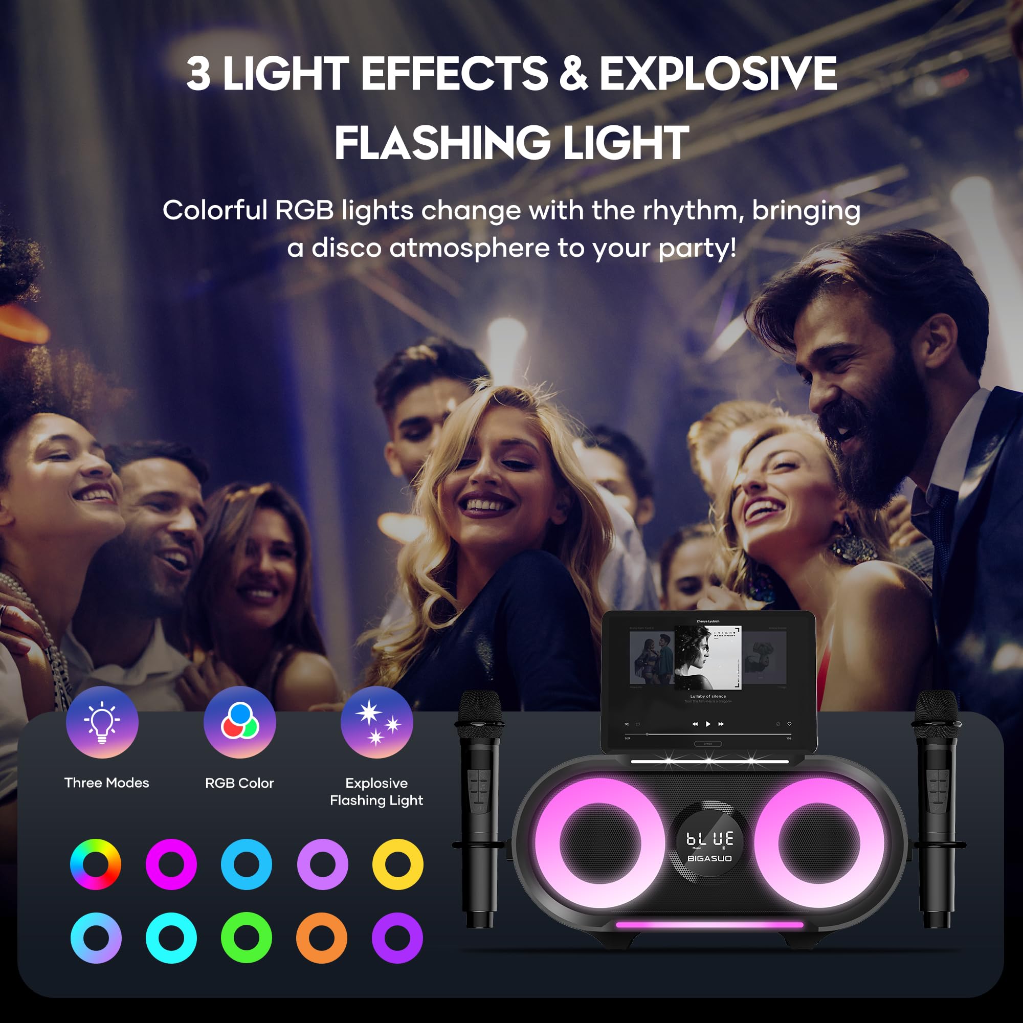 BIGASUO Portable Bluetooth Karaoke Machine with Deep Bass & Flashing Lights - Wireless PA Speaker System with 2 UHF Microphones for Home, Party, Wedding & Outdoor Singing | Perfect for Family Gatherings, Birthday Celebrations and Camping Entertainment