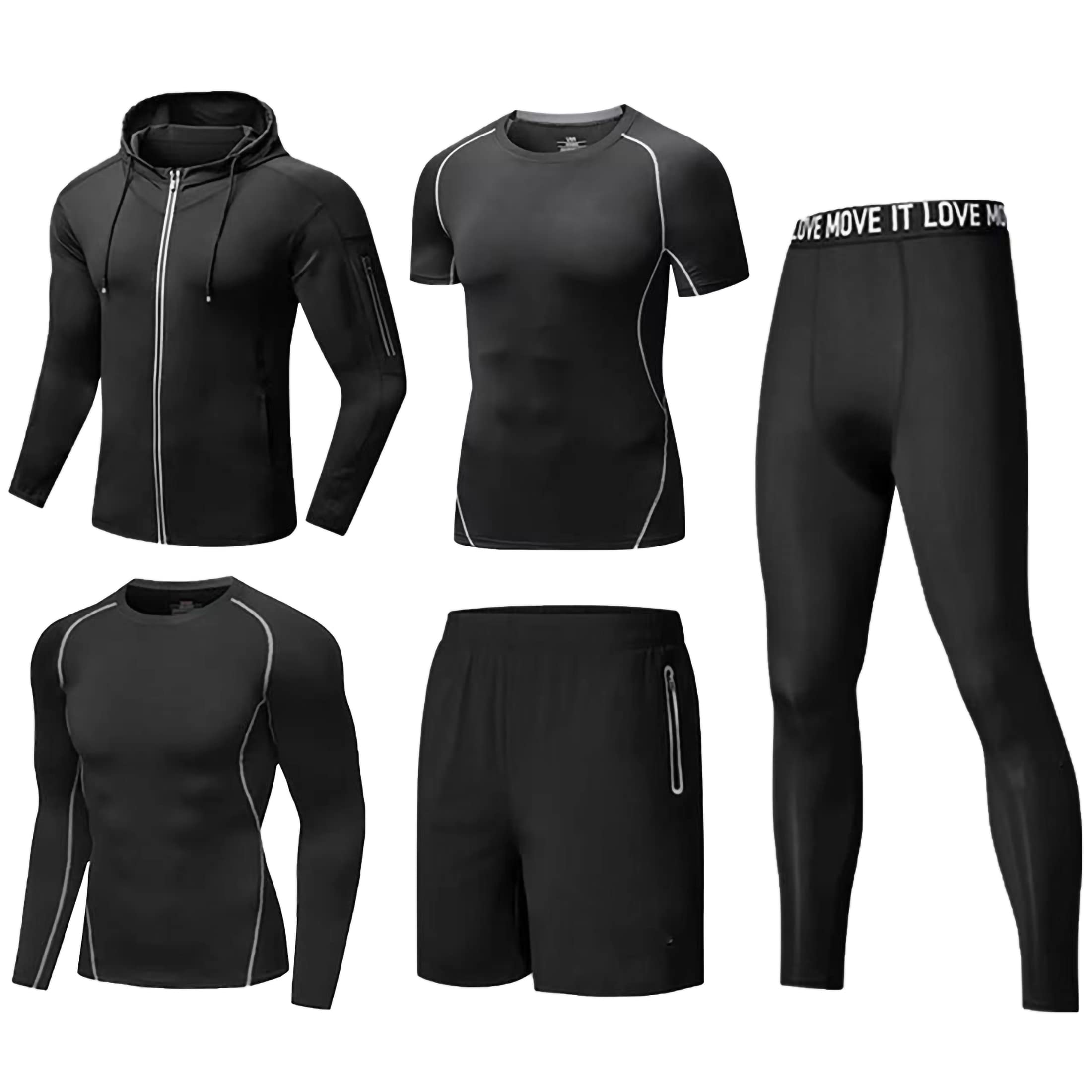 5-Piece Men's Workout Clothing Set - Compression Pants, Short/Long Sleeve Shirt & Jacket for Running, Gym & Athletic Training - Moisture-Wicking Activewear for Men's Fitness