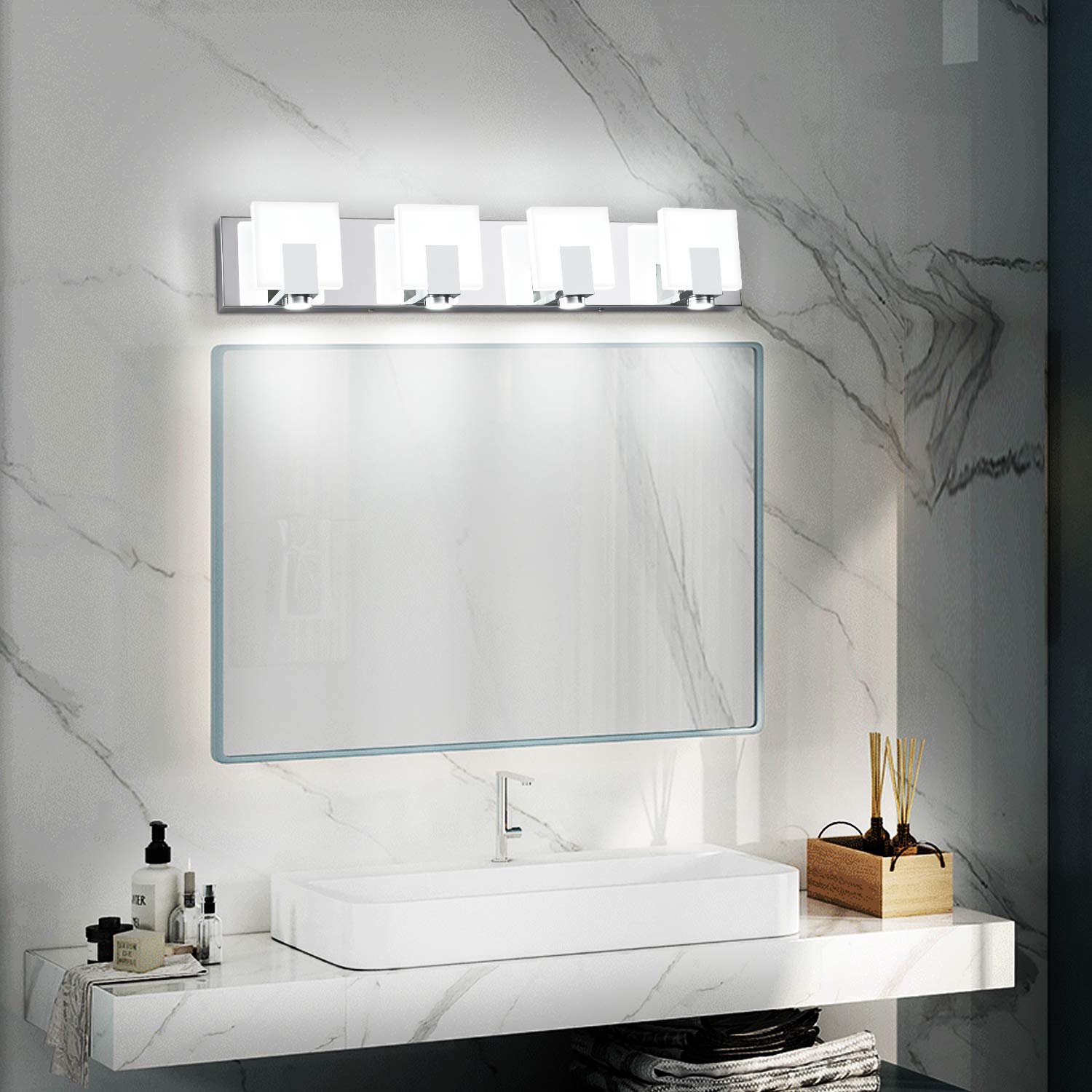 SOLFART Modern 4-Light LED Vanity Light Fixture - Dimmable Bathroom Lighting with Chrome Stainless Steel & Acrylic Shade - Perfect for Bathroom Mirror, Makeup Area and Spa-Style Decor (Model 7249)