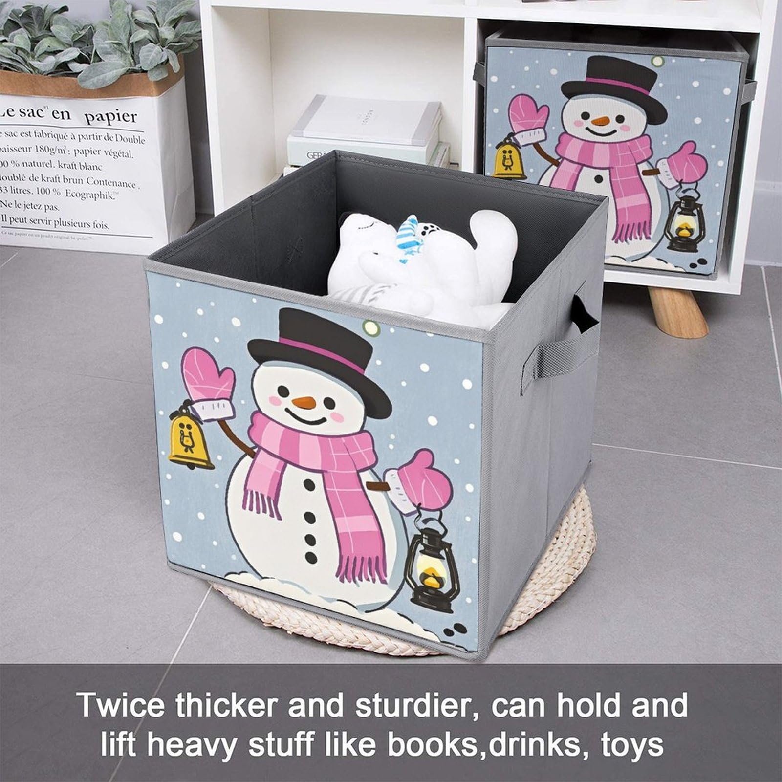 1PCS Foldable Storage Bin with Handle - Large Capacity Moving Box for Home Office Playroom Organization - Printed Snowy Night Design - Perfect for Toys, Books, Clothes & Household Items Storage