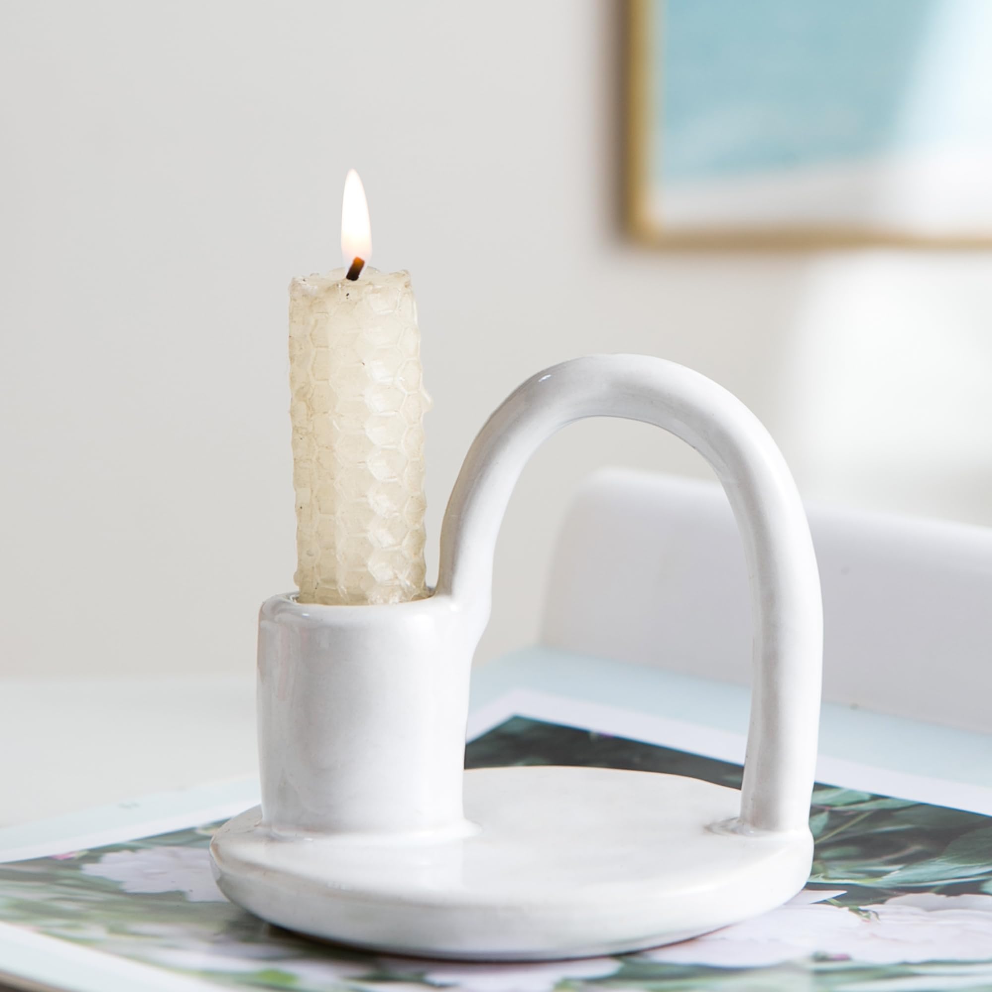 White Ceramic Candle Holder for Taper & Spell Candles - Home & Holiday Decor