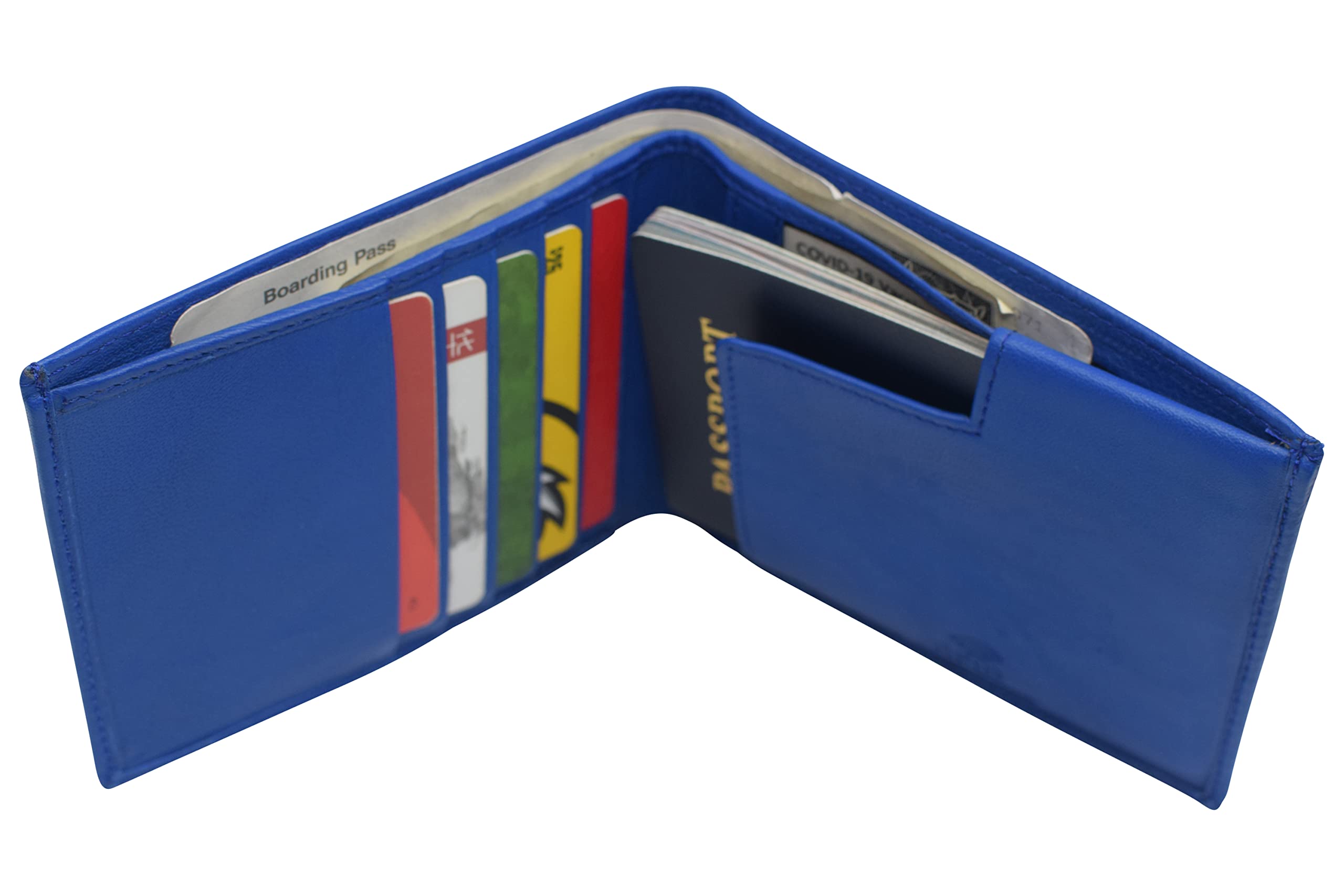 RFID Blocking Genuine Leather Travel Wallet - Bifold Passport Holder with Vaccination Card Slot | All-in-One Hipster Wallet for Men & Women (Blue) | Perfect for Air Travel, Business Trips & Everyday Use