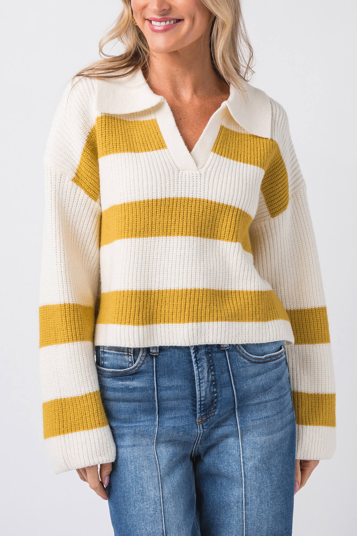 Buttermelon Stripe Drop Shoulder Wide Collar Sweater for Women - Cozy Oversized Knit Pullover for Fall & Winter, Perfect for Casual Outfits, Office Wear and Coffee Dates