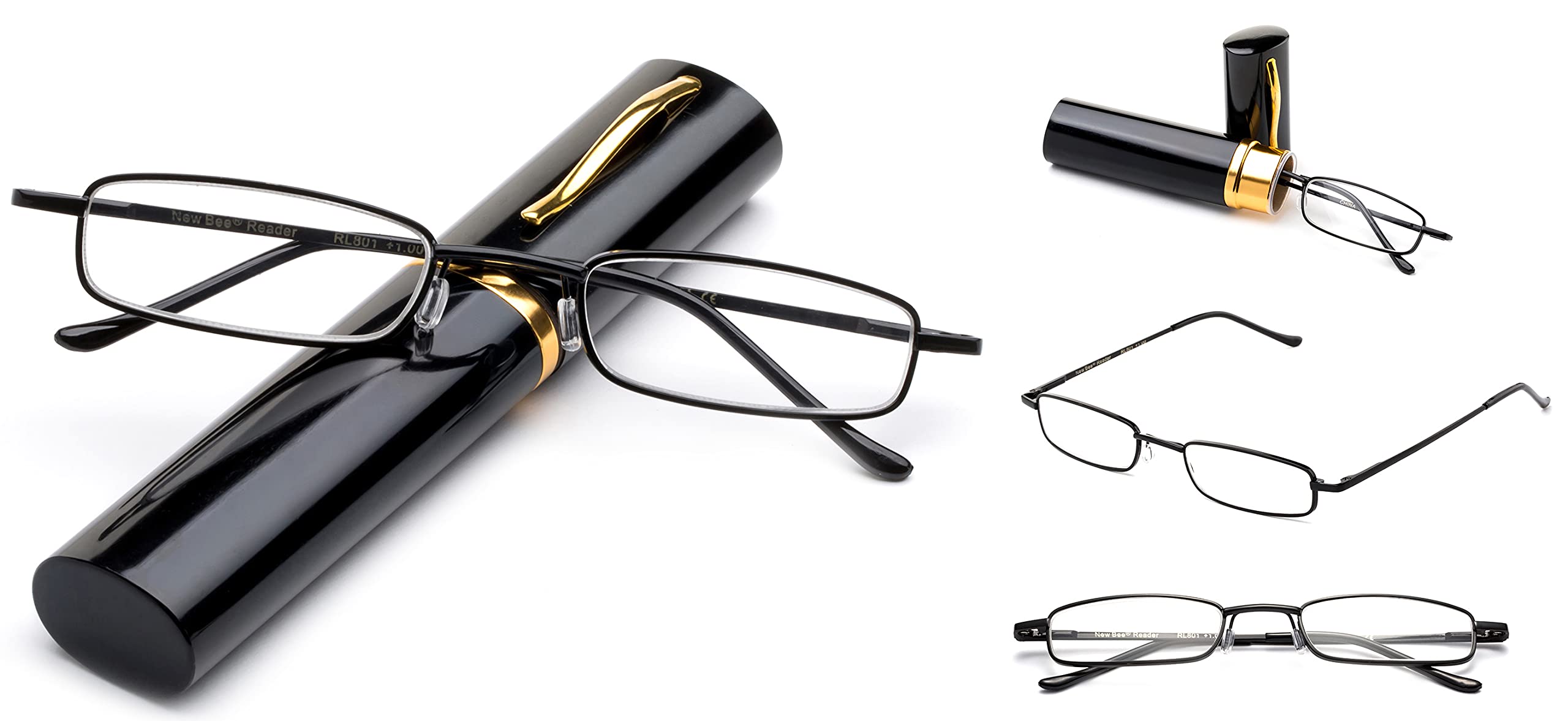 Newbee Fashion Ultra Compact Spring Temple Reading Glasses with Portable Pocket Clip & Aluminum Case - Lightweight Readers for Travel, Reading, and Everyday Use