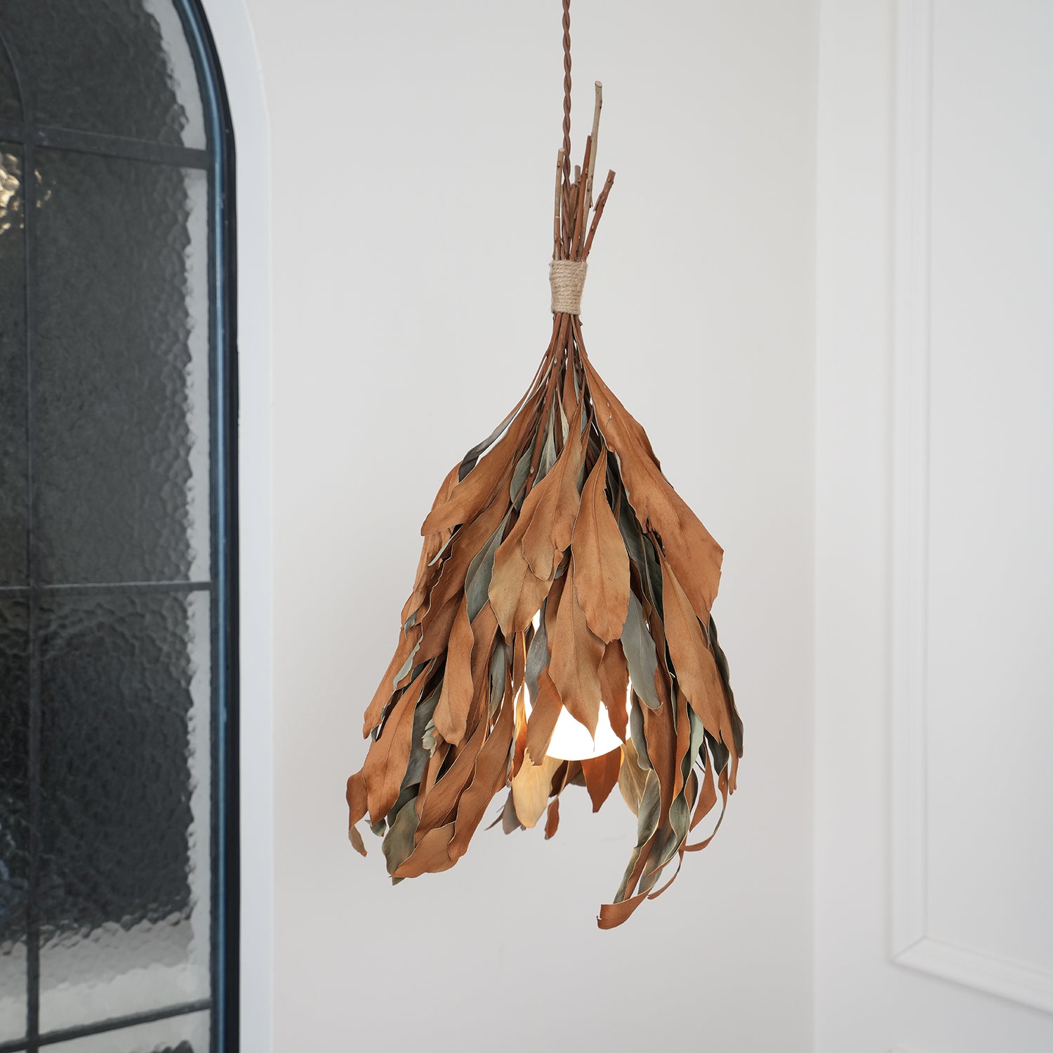 Handmade Dried Branch Leaf Pendant Light - Natural Boho Chandelier for Living Room, Bedroom & Dining Room Decor