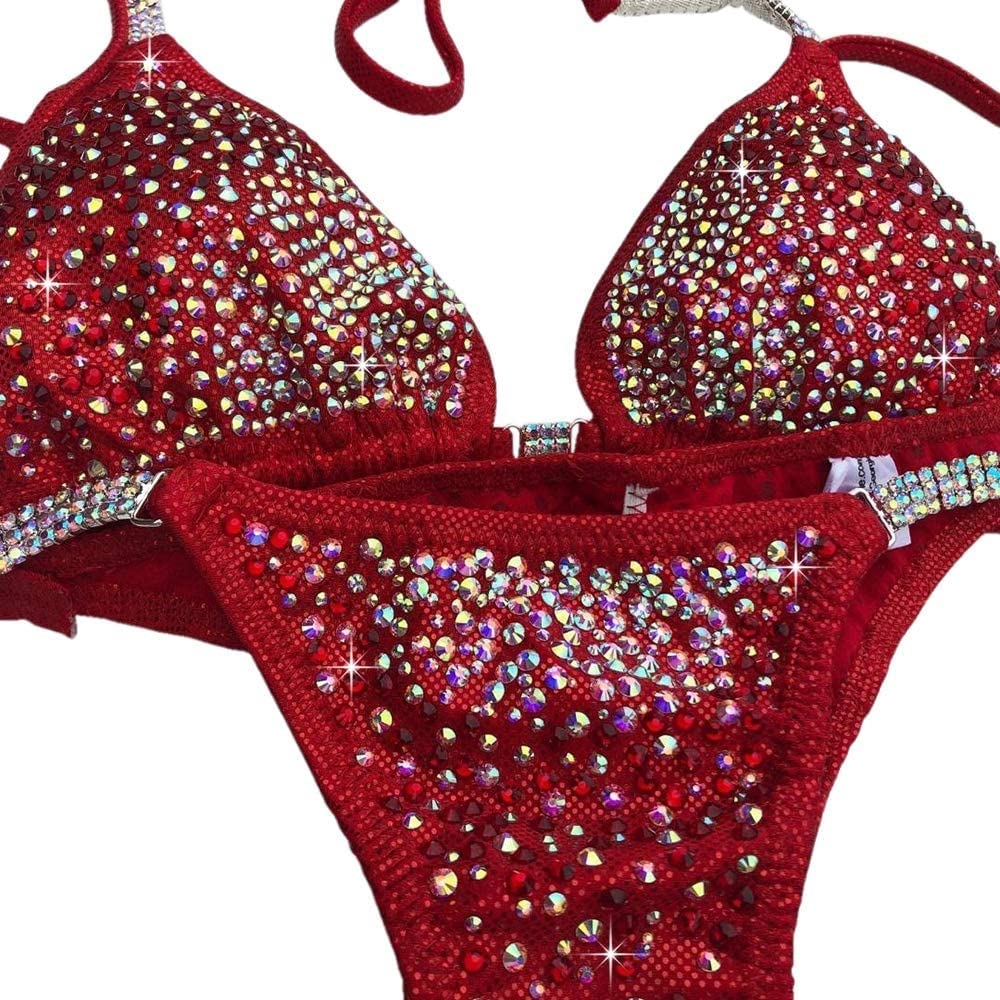 Red Crystal Rhinestone Bikini Set - Competition Swimsuit for NPC & Fitness Shows - Perfect for Bodybuilding, Bikini Contests & Beach Fashion