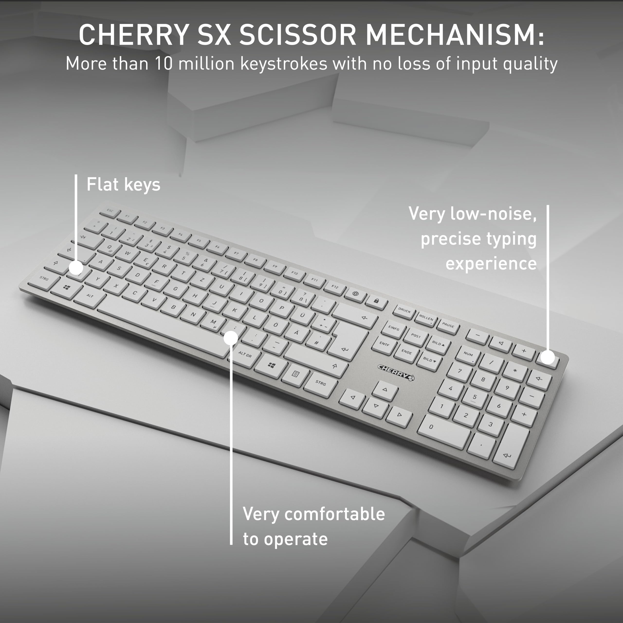 CHERRY DW 9100 SLIM Wireless Keyboard and Mouse Set - Bluetooth & 2.4GHz RF Rechargeable Desktop Combo with Quiet Keys, Flat Design (UK QWERTY Layout, Silver/White) for Office, Home & Gaming Use