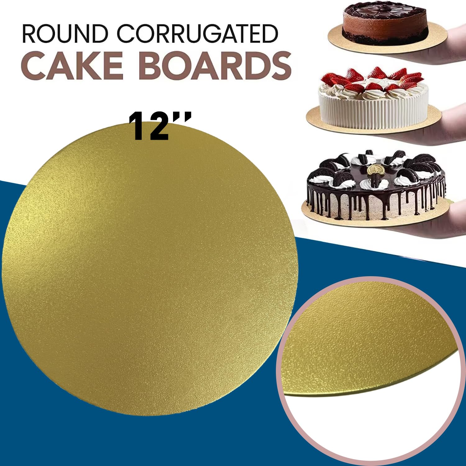 3 Pack 12 Inch Golden Round Cake Boards - Sturdy Cardboard Cake Base for Baking, Decorating & Serving - Perfect for Birthday, Wedding & Party Cakes