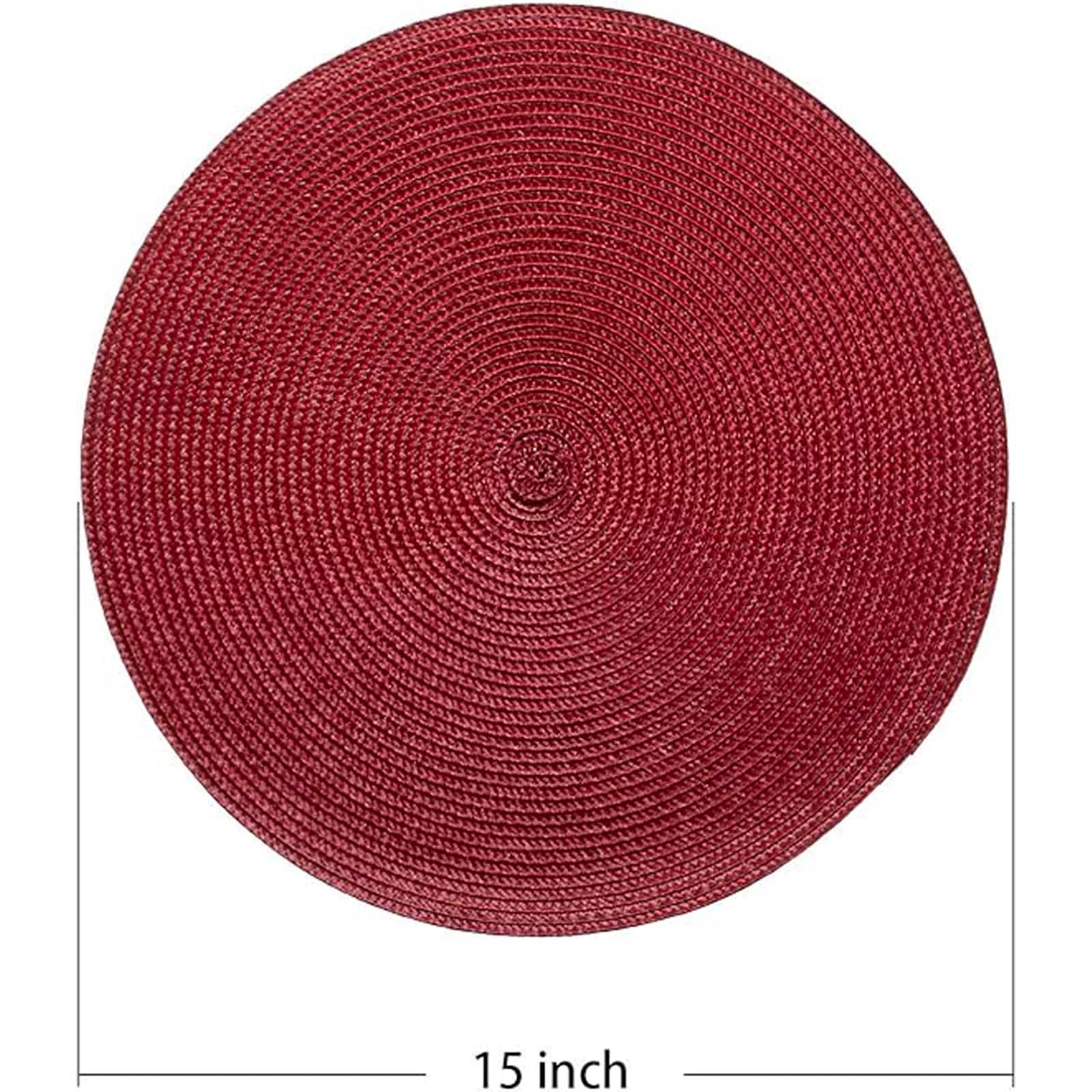 AHHFSMEI 15 Inch Round Braided Placemats Set of 6 - Natural Woven Heat Resistant Table Mats for Dining, Kitchen, and Outdoor Use (Burgundy Red)