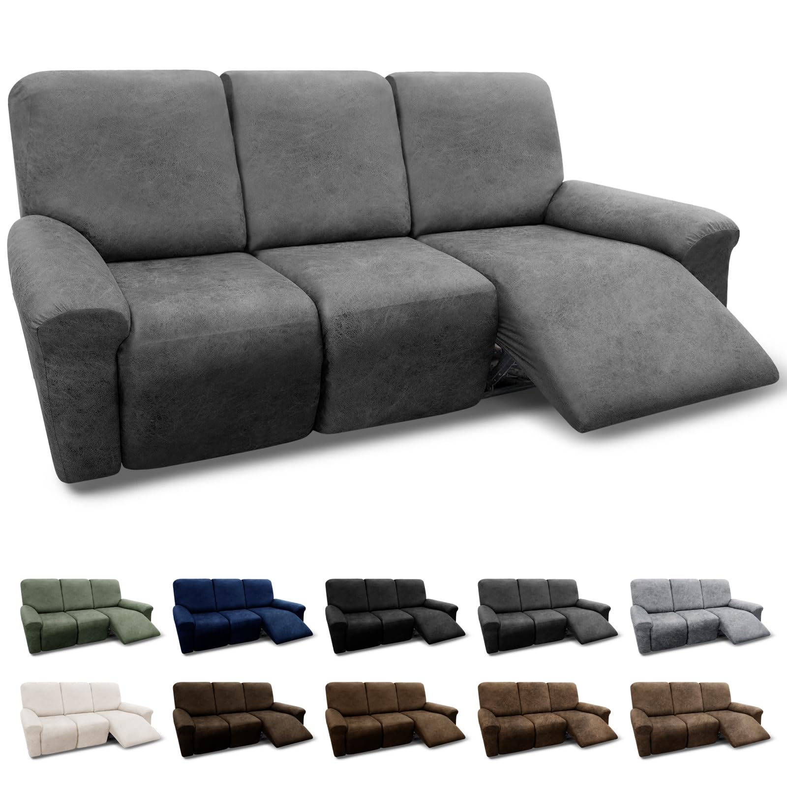 8-Piece Stretchable Spandex Recliner Sofa Cover Set - Washable Leather-Look Slipcovers for 3-Seater Couches with Storage Pockets | Perfect for Living Room Furniture Protection & Style Upgrade (Grey)