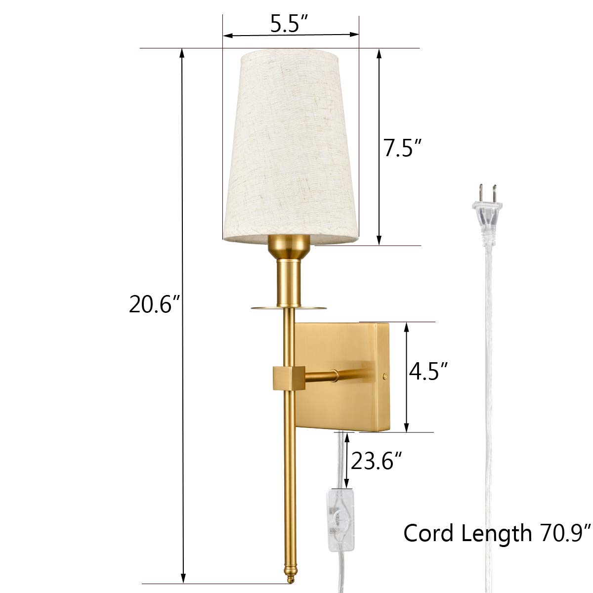Modern Brass Plug-In Wall Sconces Set of 2 - Gold Wall Lights with Fabric Shade for Bedroom, Hallway, Bathroom & Living Room - Elegant Lighting for Home Decor and Ambient Illumination