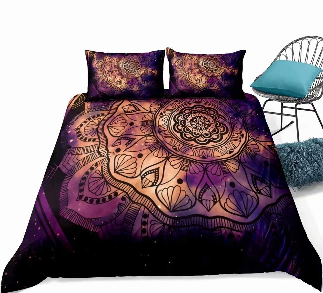 Bohemian Comforter Set - Purple Boho Chic Mandala Hippie Indian Galaxy Medallion Ethnic Floral Printed Bedding | Super Soft Microfiber Quilt Set with Pillowcase (Full, 3pc) | Perfect for Bohemian Bedroom Decor, Guest Room & Dorm Room Styling