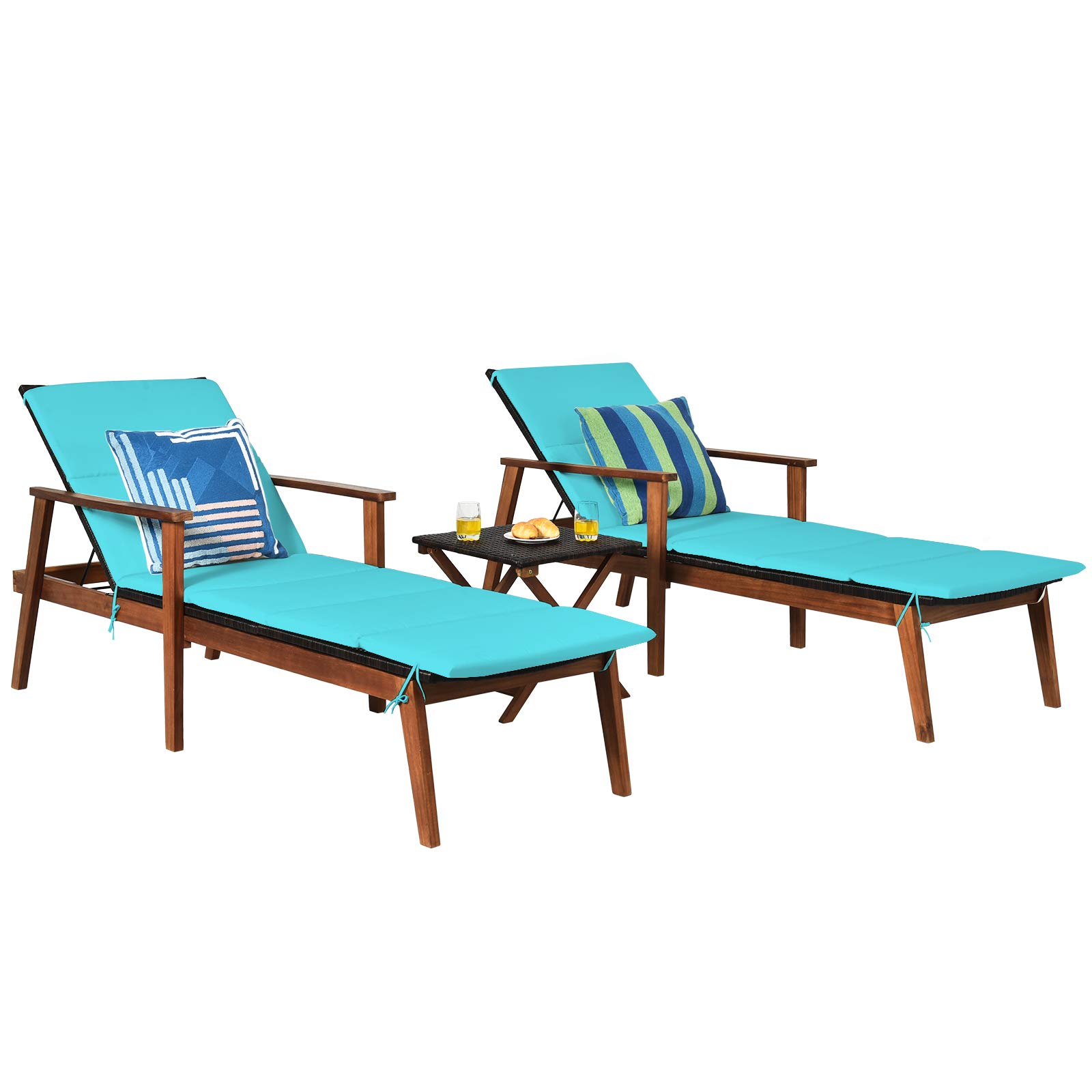 Tangkula 3-Piece Patio Chaise Lounge Set - Acacia Wood Outdoor Reclining Chairs with Adjustable Back (4 Positions), Folding Side Table & Cushions - Rattan Furniture for Poolside, Backyard, Garden, or Beach (Turquoise)