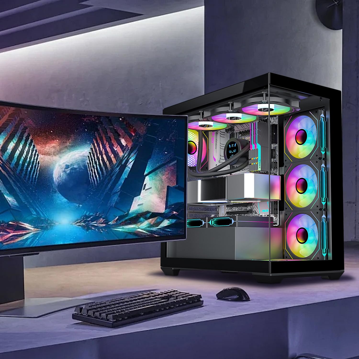 5-Pack 120mm RGB PWM PC Case Fans with ARGB Lighting, Fan Hub & Remote Control - High Speed Cooling for Gaming PC, Liquid Cooling System & Computer Case - Perfect for Custom RGB Builds & PC Modding