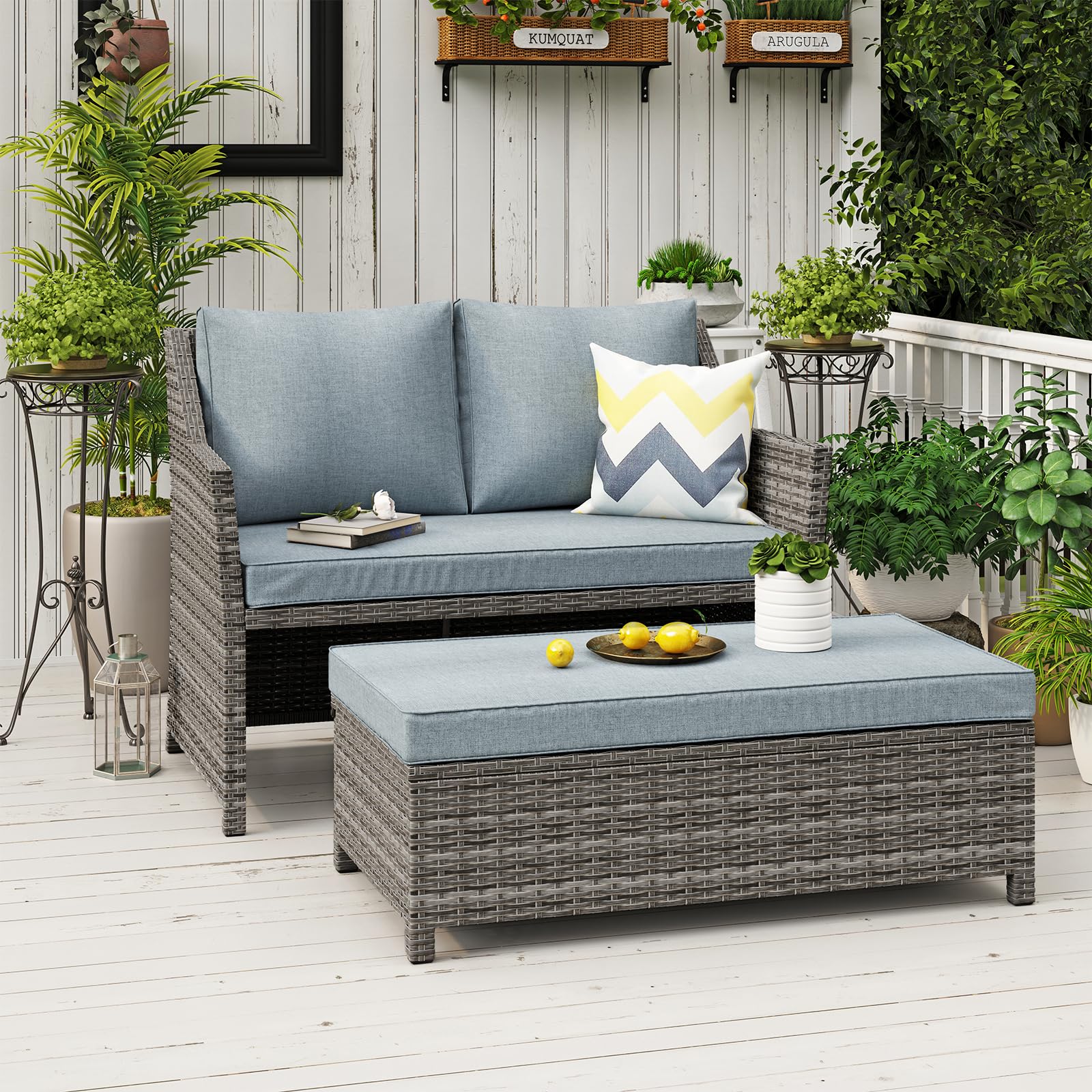 OC Orange-Casual 2-Piece Outdoor Patio Furniture Set - Grey Rattan Wicker Loveseat with Coffee Table & Built-in Storage Bin, Includes Grey Cushions - Perfect for Garden, Balcony, and Poolside Relaxation