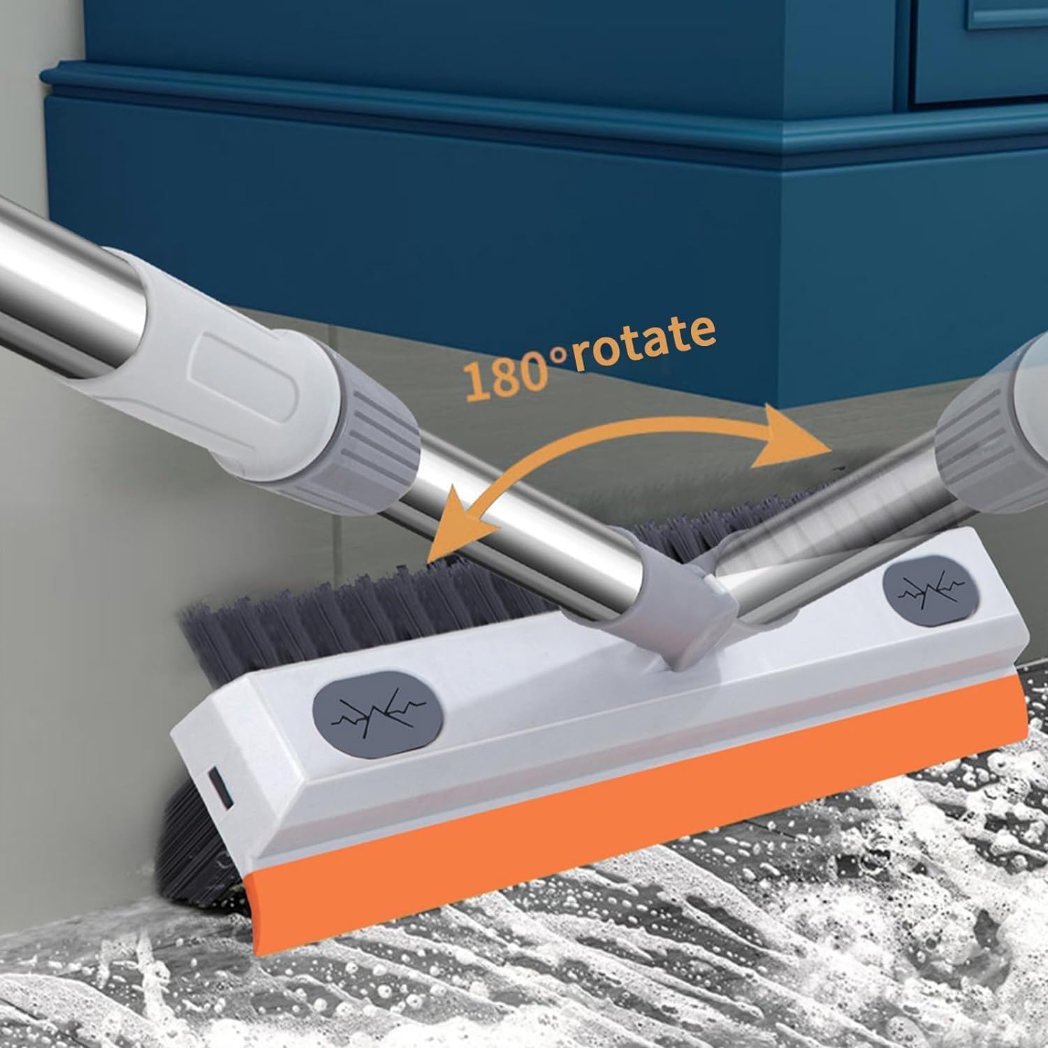WAZDORF 3-in-1 Bathroom Cleaning Brush with Wiper and Long Handle - 180° Rotating Floor Scrubber for Tile Floors, Kitchen & Bathroom Cleaning Tools | Perfect for Shower Tiles, Bathtubs, Sinks and Hard-to-Reach Corners