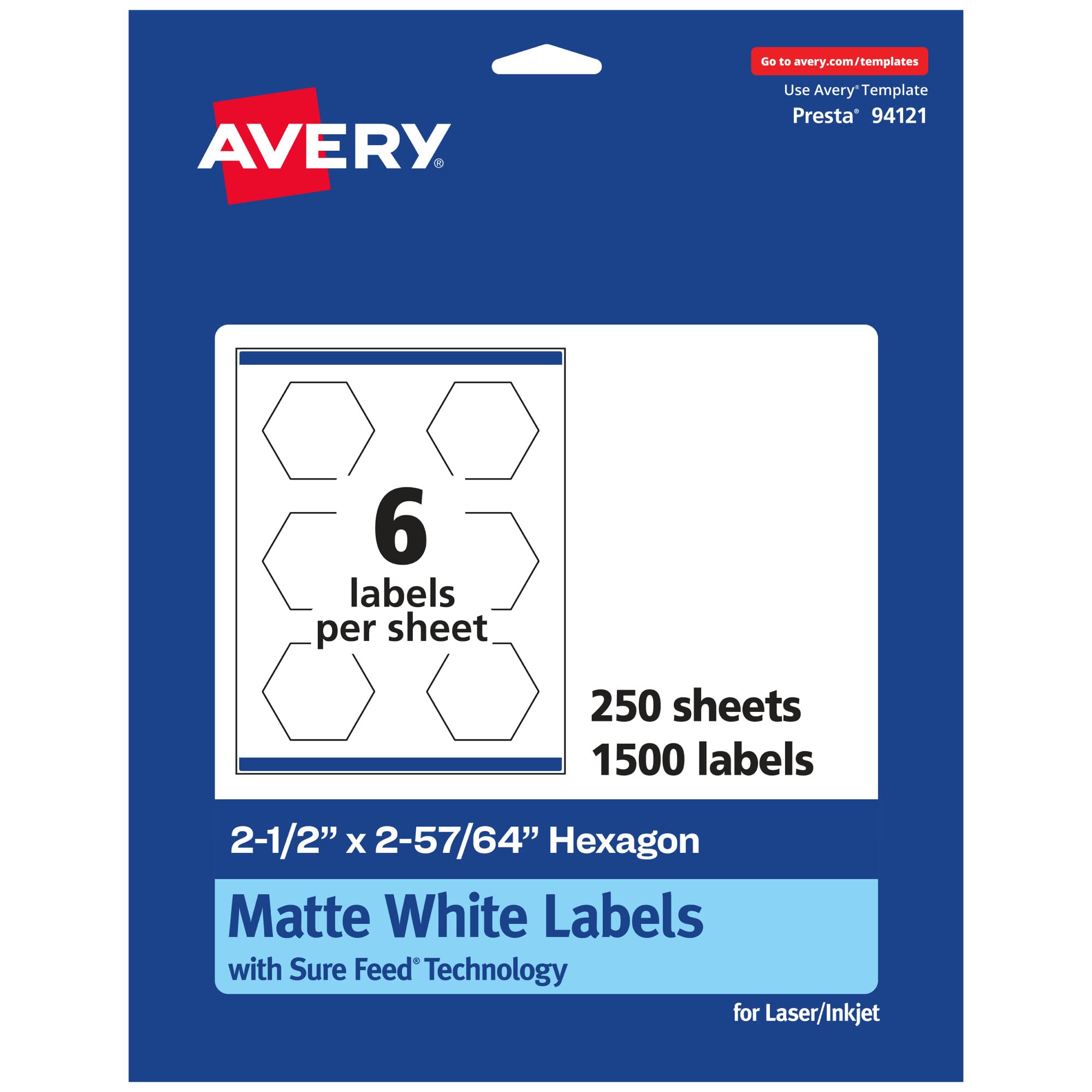 Avery Matte White Hexagon Labels with Sure Feed Technology - 2.5