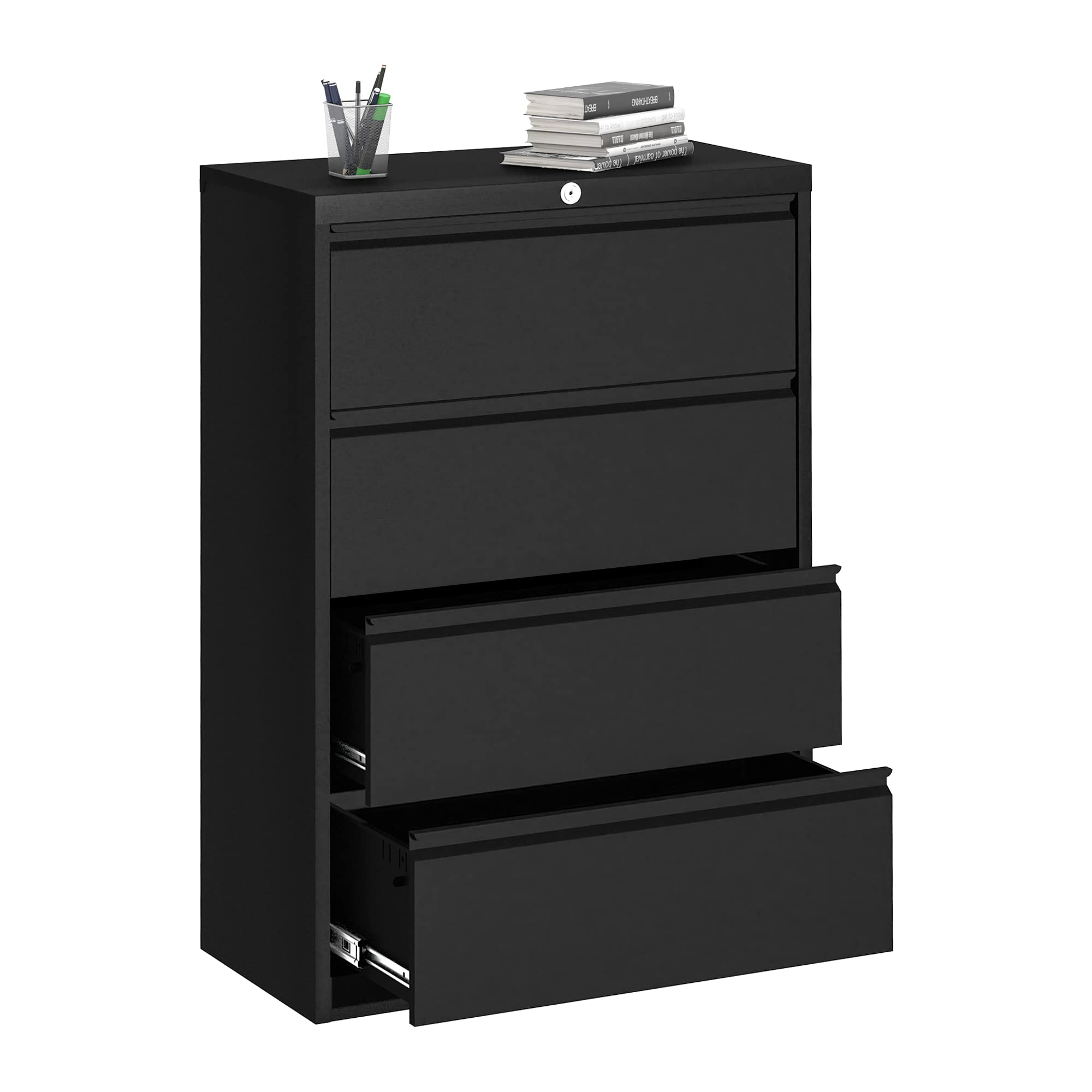 REEMOON 4-Drawer Locking Lateral File Cabinet - Metal Office Storage Organizer for Legal/Letter/A4 Documents - Easy Assembly Black File Cabinet for Home & Office Organization