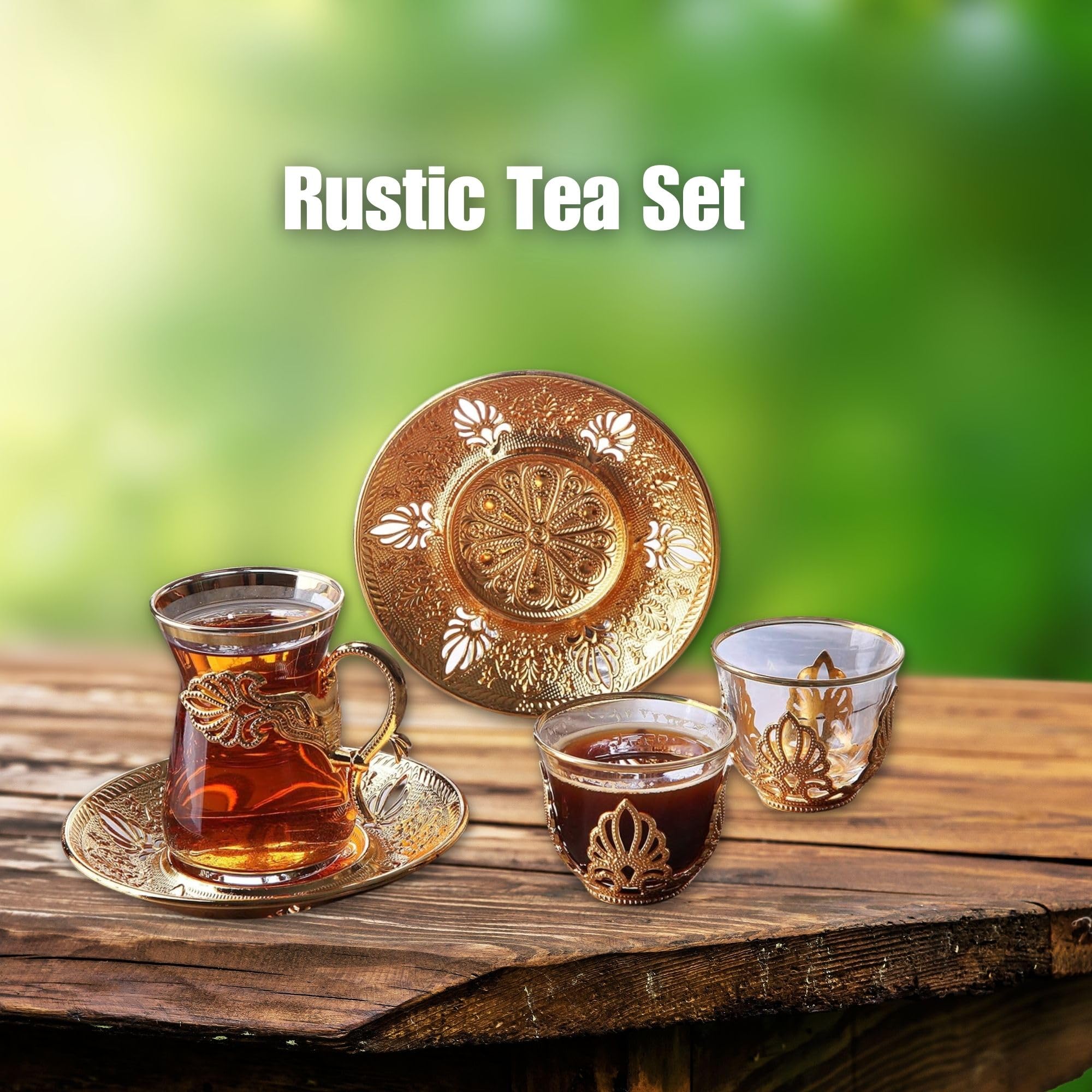 Vintage Handmade Turkish Tea Glasses Set of 6 with Saucers & Holder - Ottoman Style Mırra Cups for Serving Guests, Tea Time & Dinner - Elegant Gold Tableware for Housewarming Gifts & Special Events