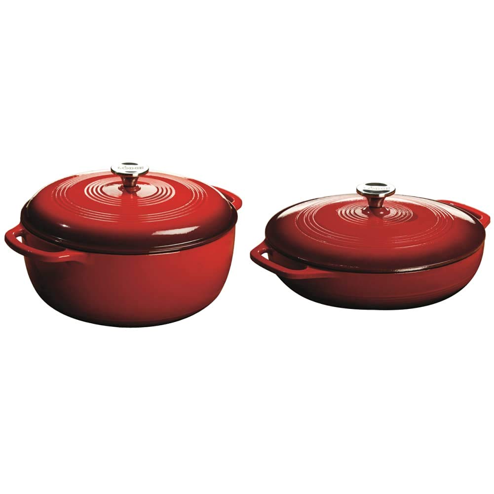 Lodge Enameled Cast Iron Dutch Oven 7.5 Quart & Casserole 3 Quart Set - Island Spice Red - Perfect for Braising, Stewing & Baking - Ideal for Family Dinners & Outdoor Cooking