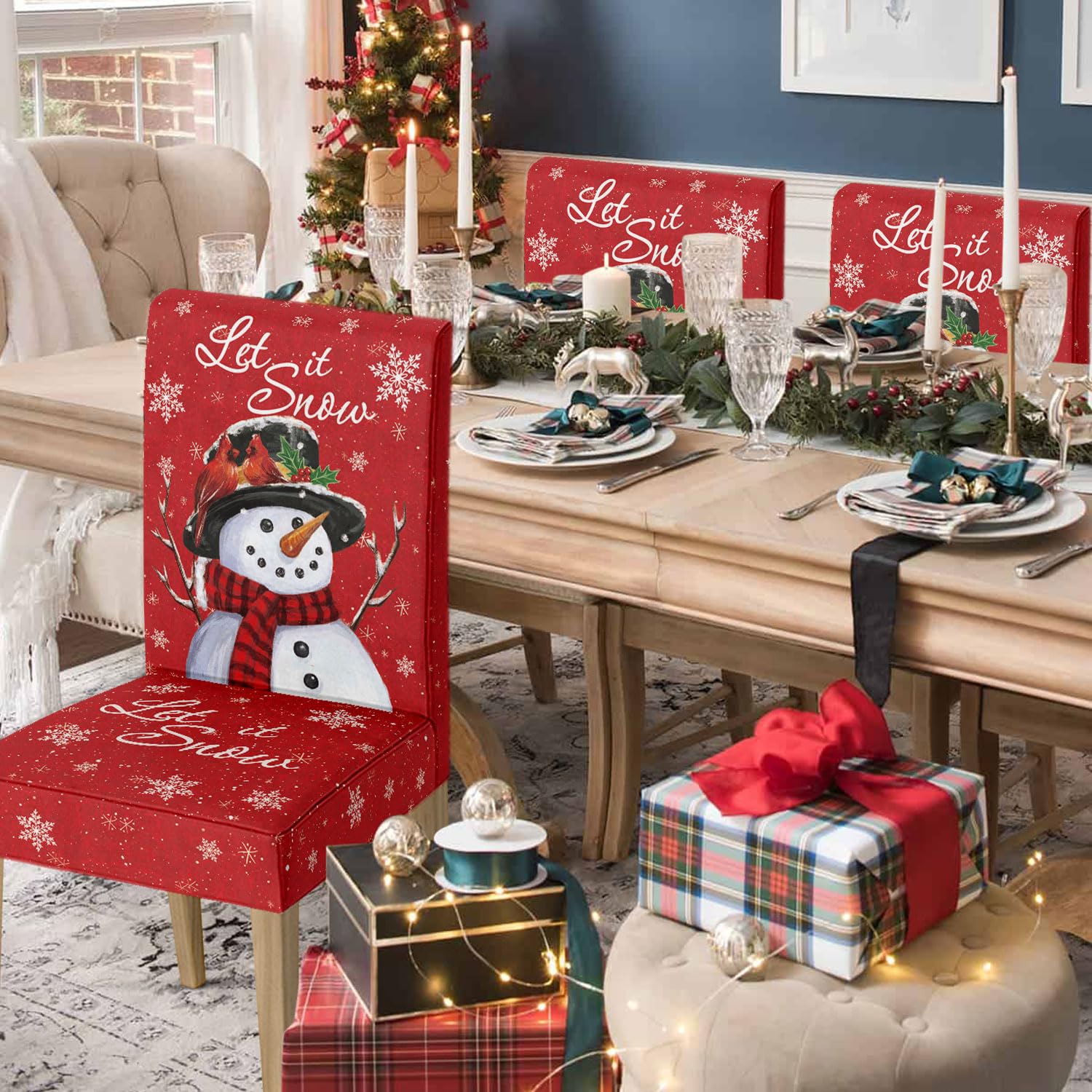 Horaldaily 4PCS Christmas Dining Chair Covers - Red Snowman Let It Snow Stretchable Washable Slipcovers for Dining Room & Home Decor | Perfect for Holiday Parties, Family Gatherings & Festive Home Styling