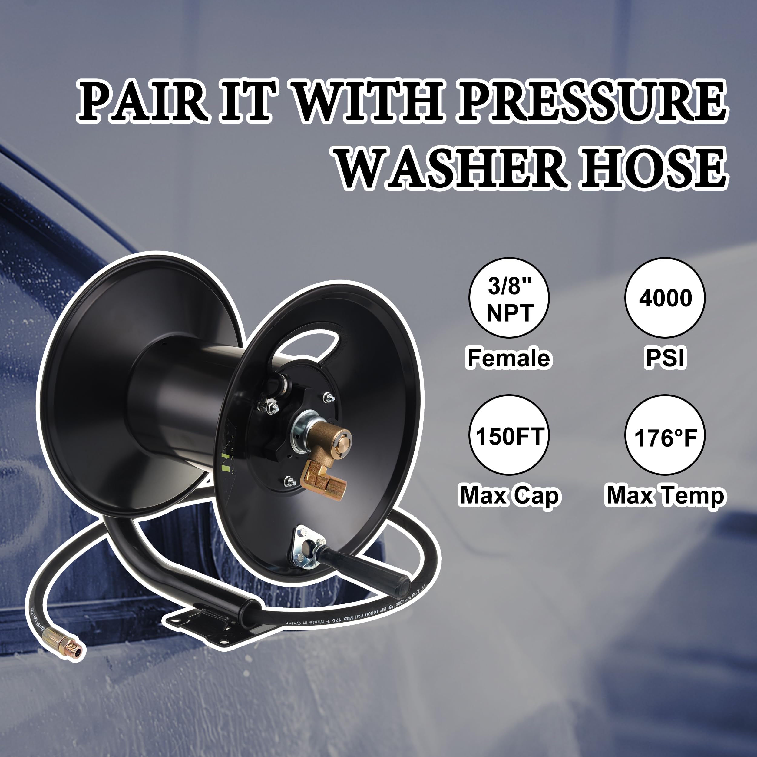 M MINGLE 150ft High Pressure Washer Hose Reel with 100 FT x 1/4